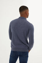 Regular Fit Cotton Blend Blue Polo Sweater - SAYKI