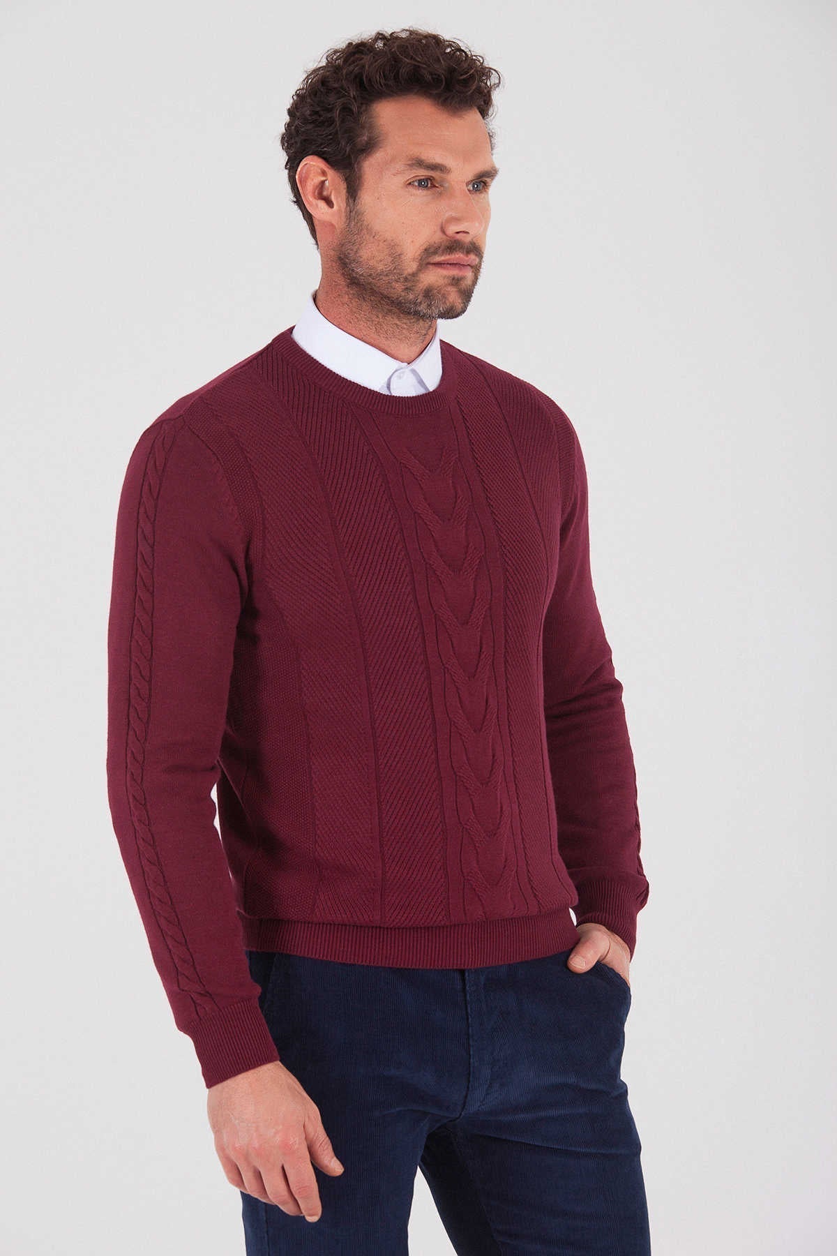 Regular Fit Cotton Blend Burgundy Crewneck Sweater - SAYKI