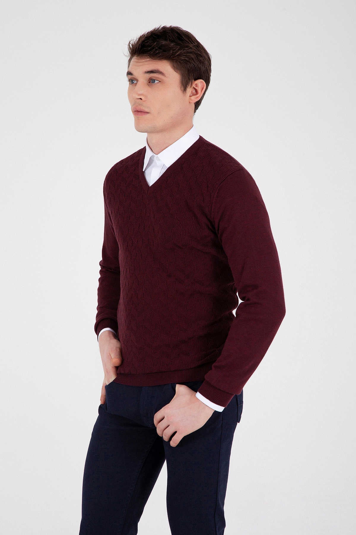 Regular Fit Cotton Blend Burgundy V-Neck Sweater - SAYKI