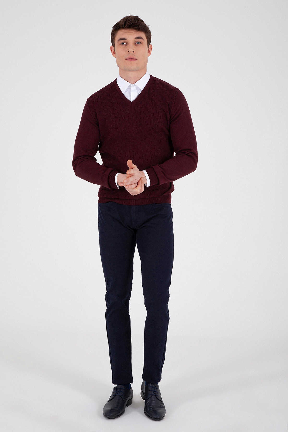 Regular Fit Cotton Blend Burgundy V-Neck Sweater - SAYKI