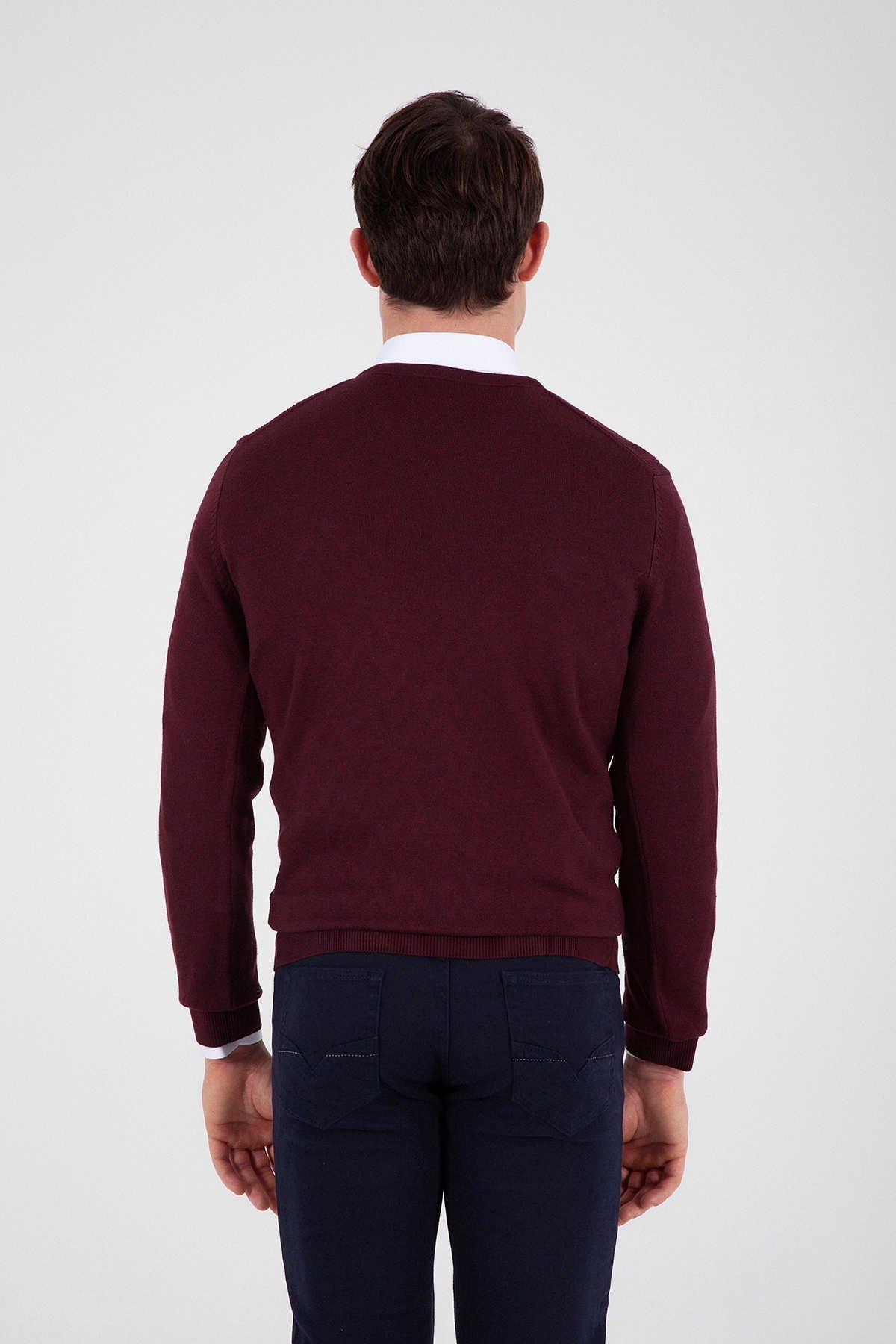 Regular Fit Cotton Blend Burgundy V-Neck Sweater - SAYKI