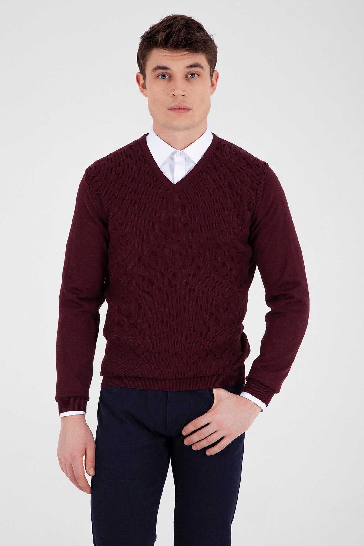 Regular Fit Cotton Blend Burgundy V-Neck Sweater - SAYKI