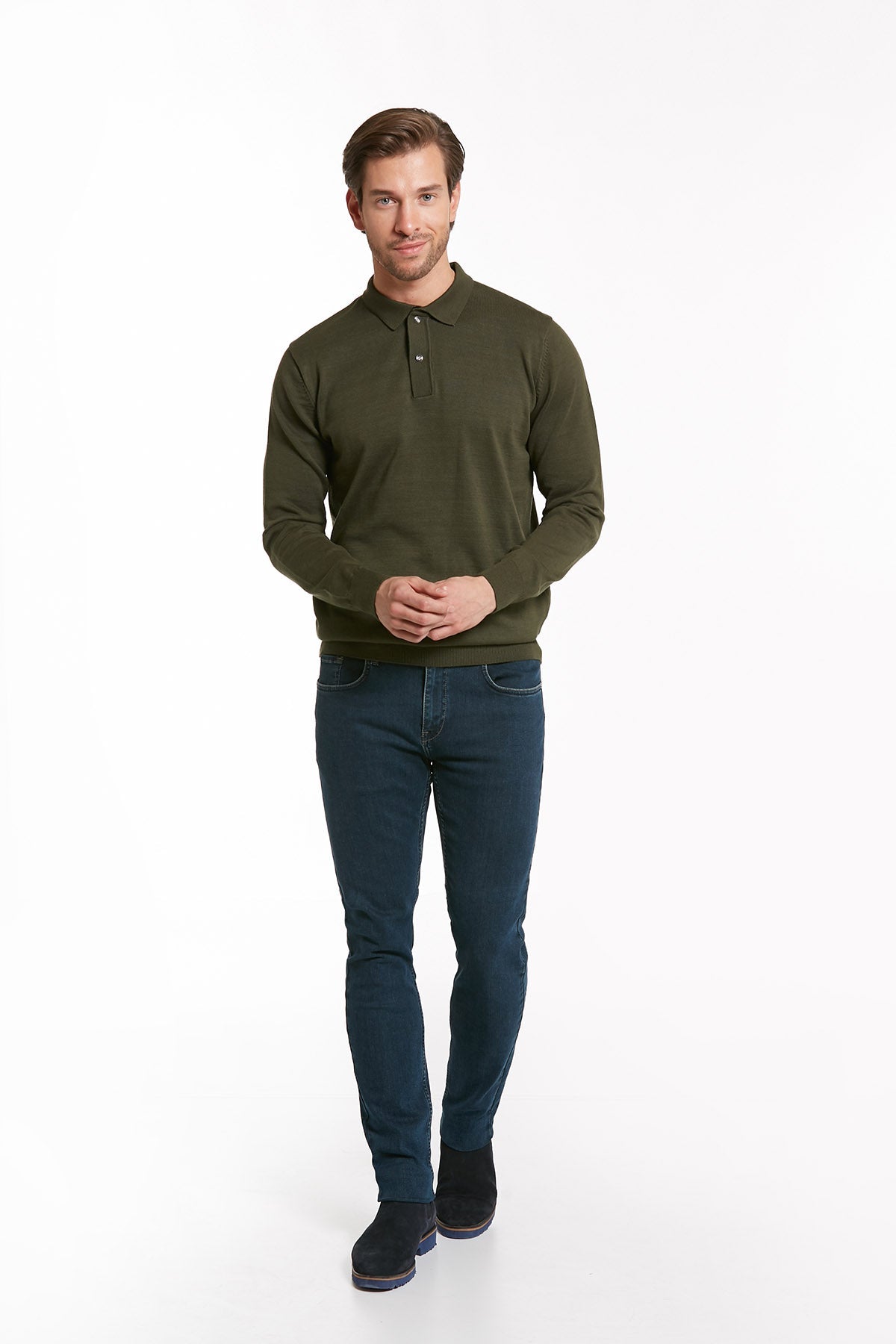 Regular Fit Cotton Blend Green Polo Sweater - SAYKI