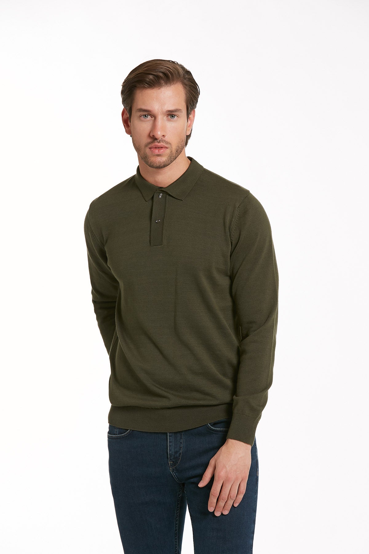 Regular Fit Cotton Blend Green Polo Sweater - SAYKI