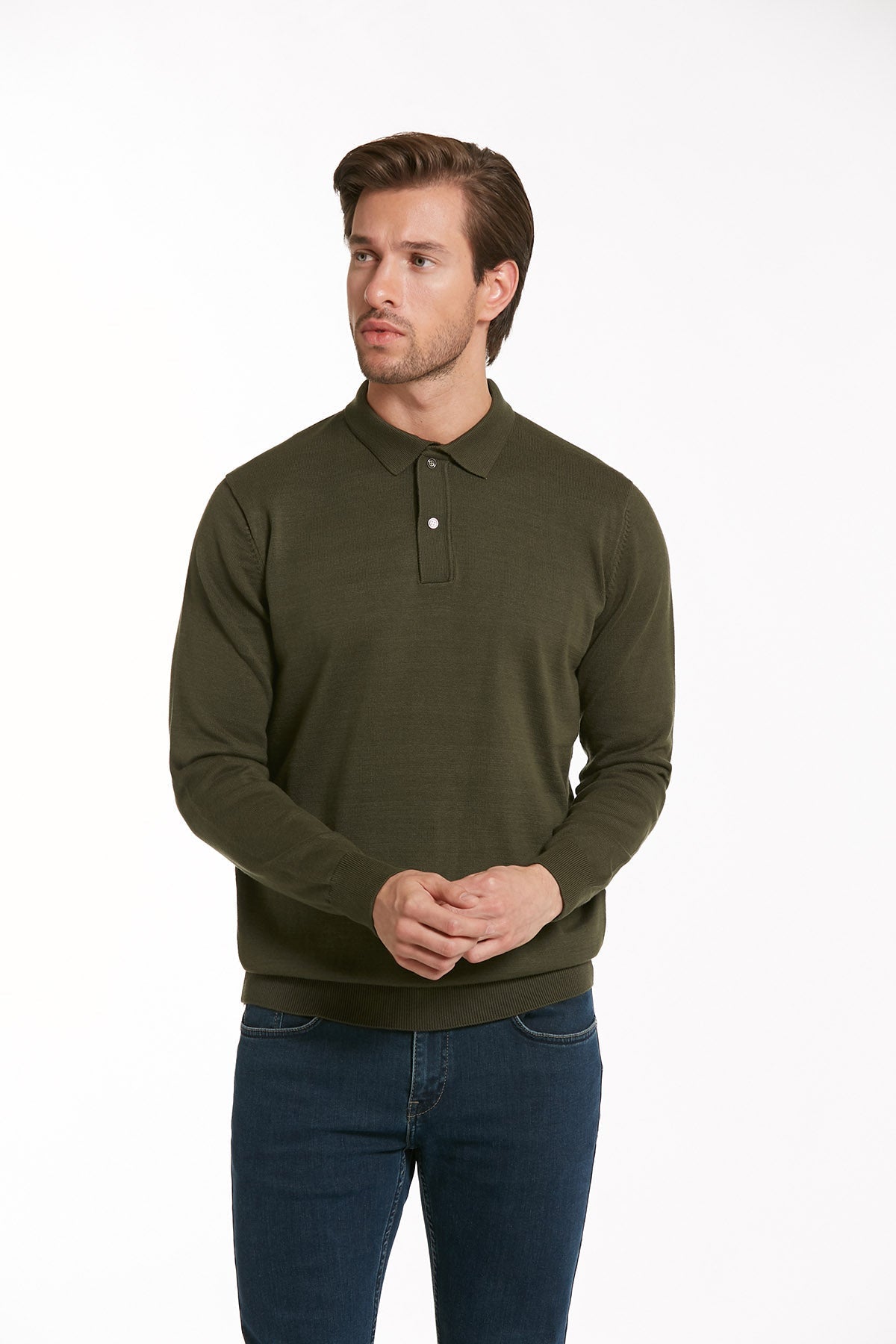 Regular Fit Cotton Blend Green Polo Sweater - SAYKI