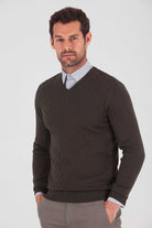 Regular Fit Cotton Blend Khaki V-Neck Sweater - SAYKI