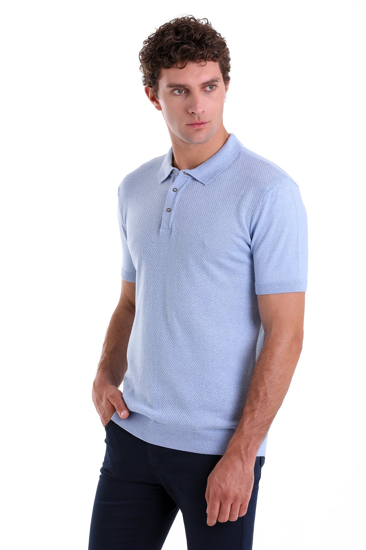 Regular Fit Cotton Blend Light Blue Jacquard Polo T-Shirt