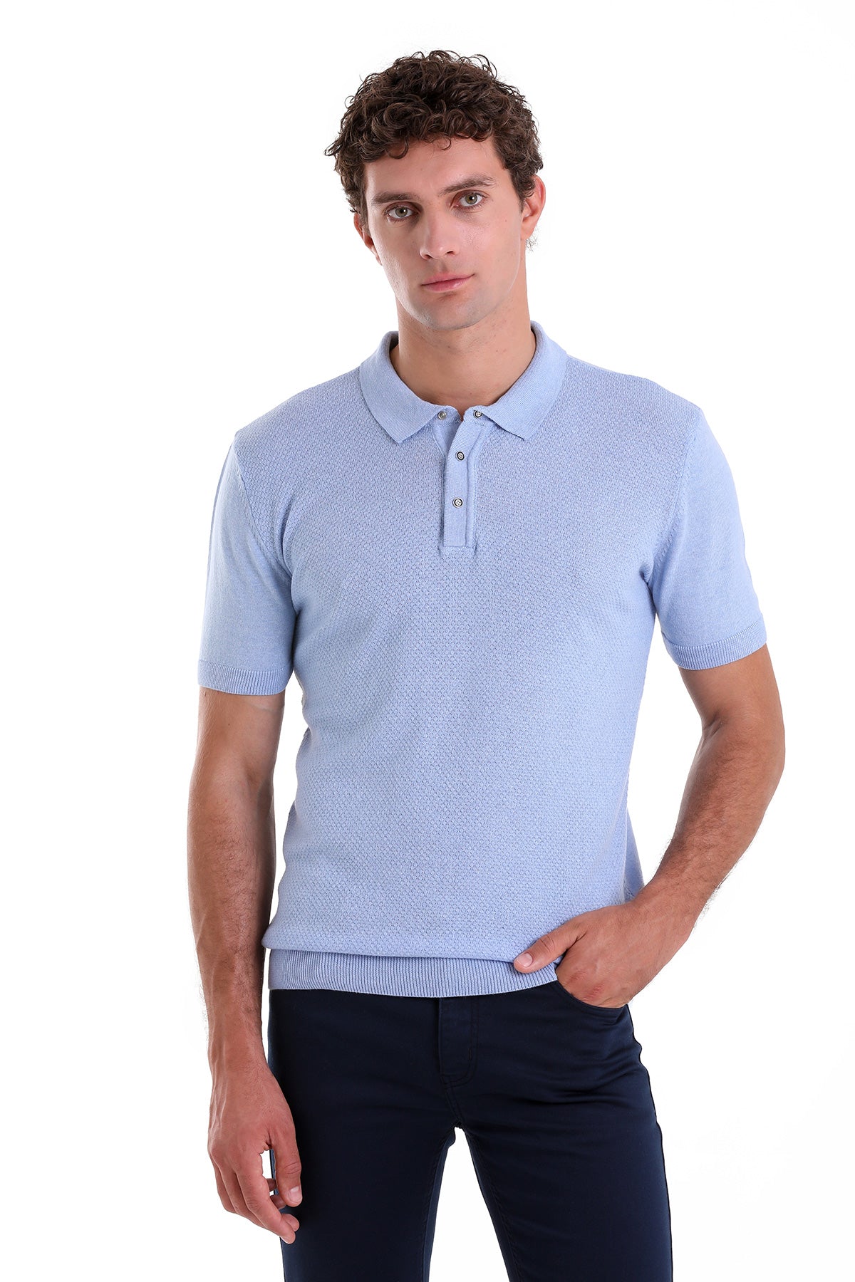 Regular Fit Cotton Blend Light Blue Jacquard Polo T-Shirt