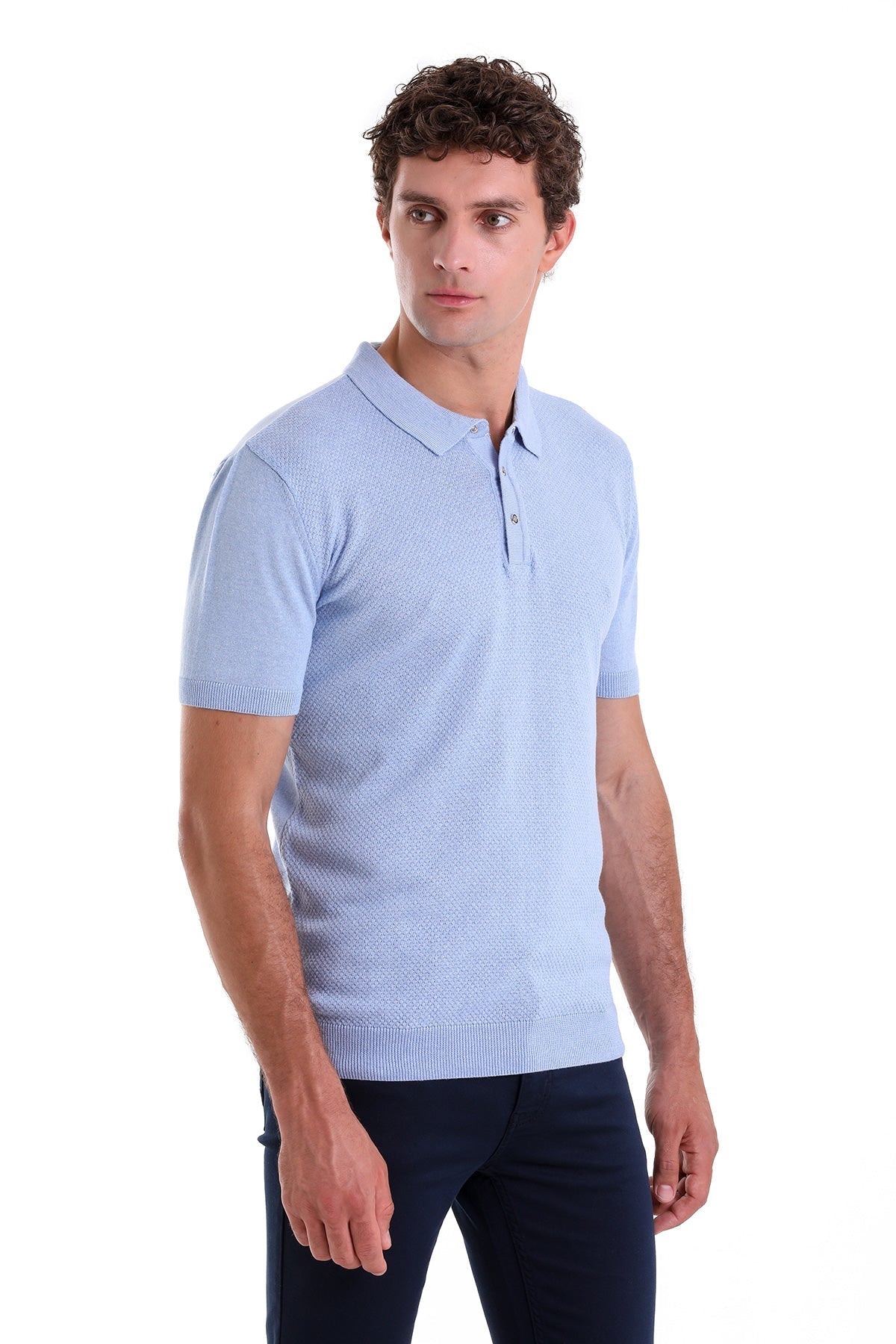 Regular Fit Cotton Blend Light Blue Jacquard Polo T-Shirt