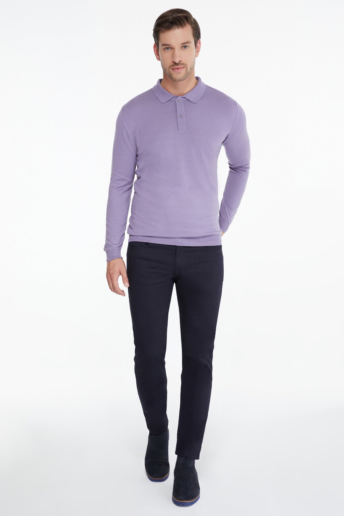 Regular Fit Cotton Blend Light Purple Polo Sweater - SAYKI