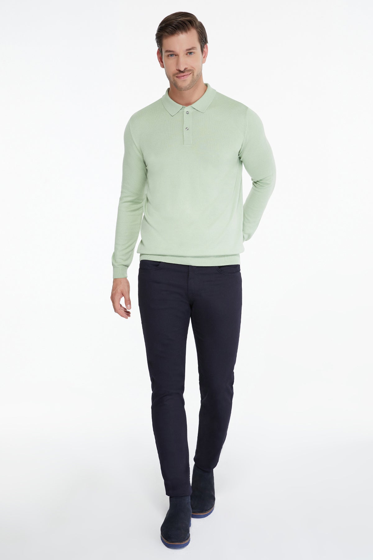 Regular Fit Cotton Blend Mint Polo Sweater - SAYKI