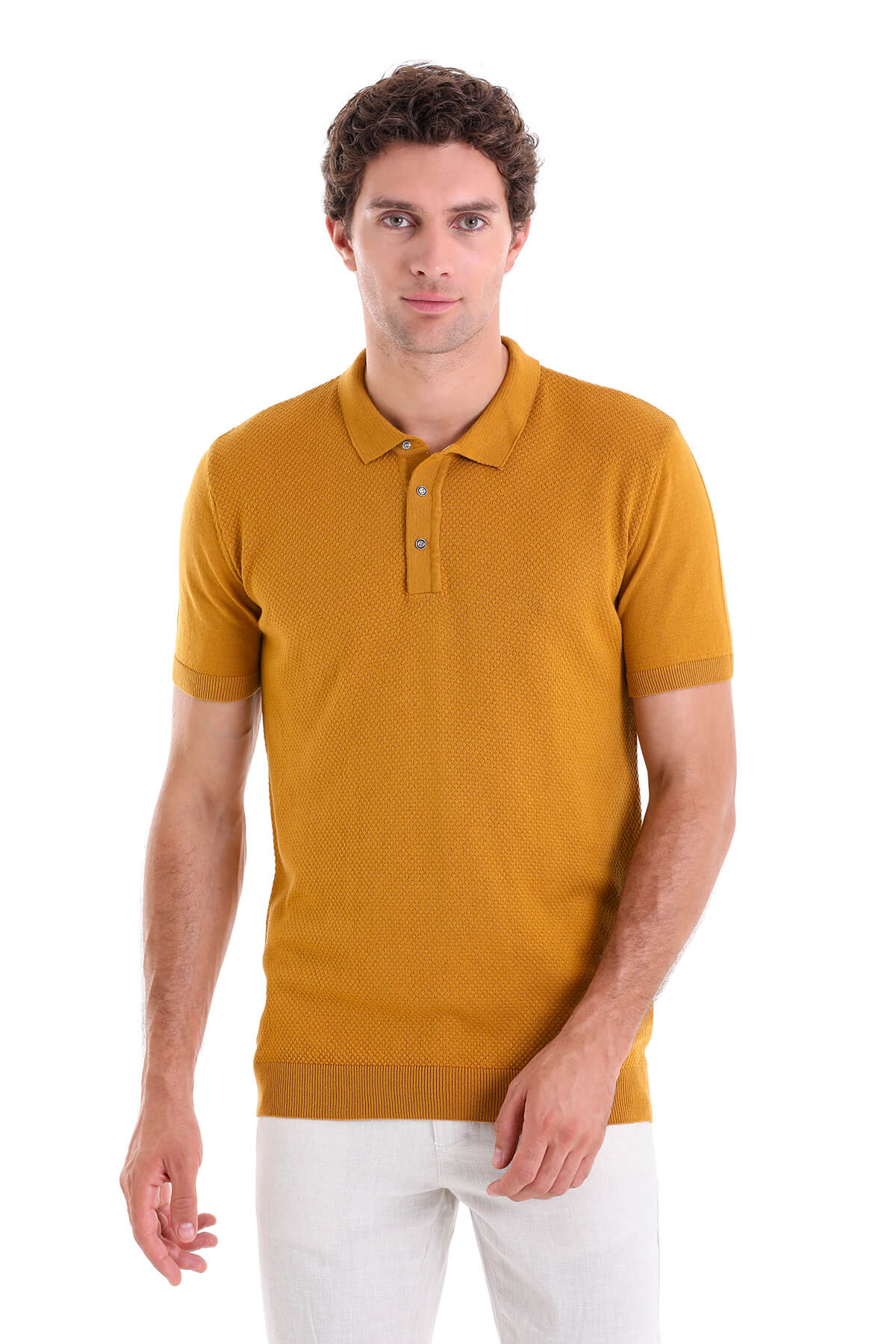 Regular Fit Cotton Blend Mustard Jacquard Polo T-Shirt - MIB