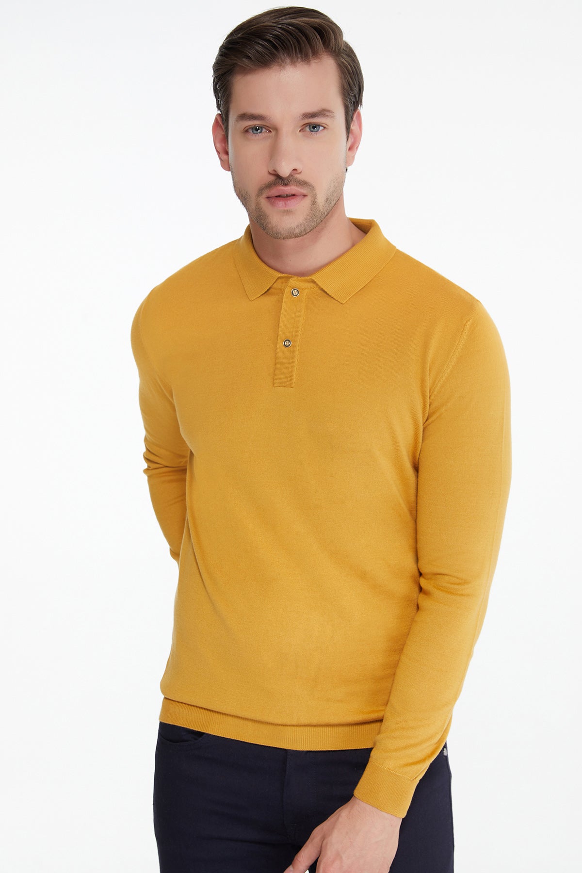 Regular Fit Cotton Blend Mustard Polo Sweater - SAYKI