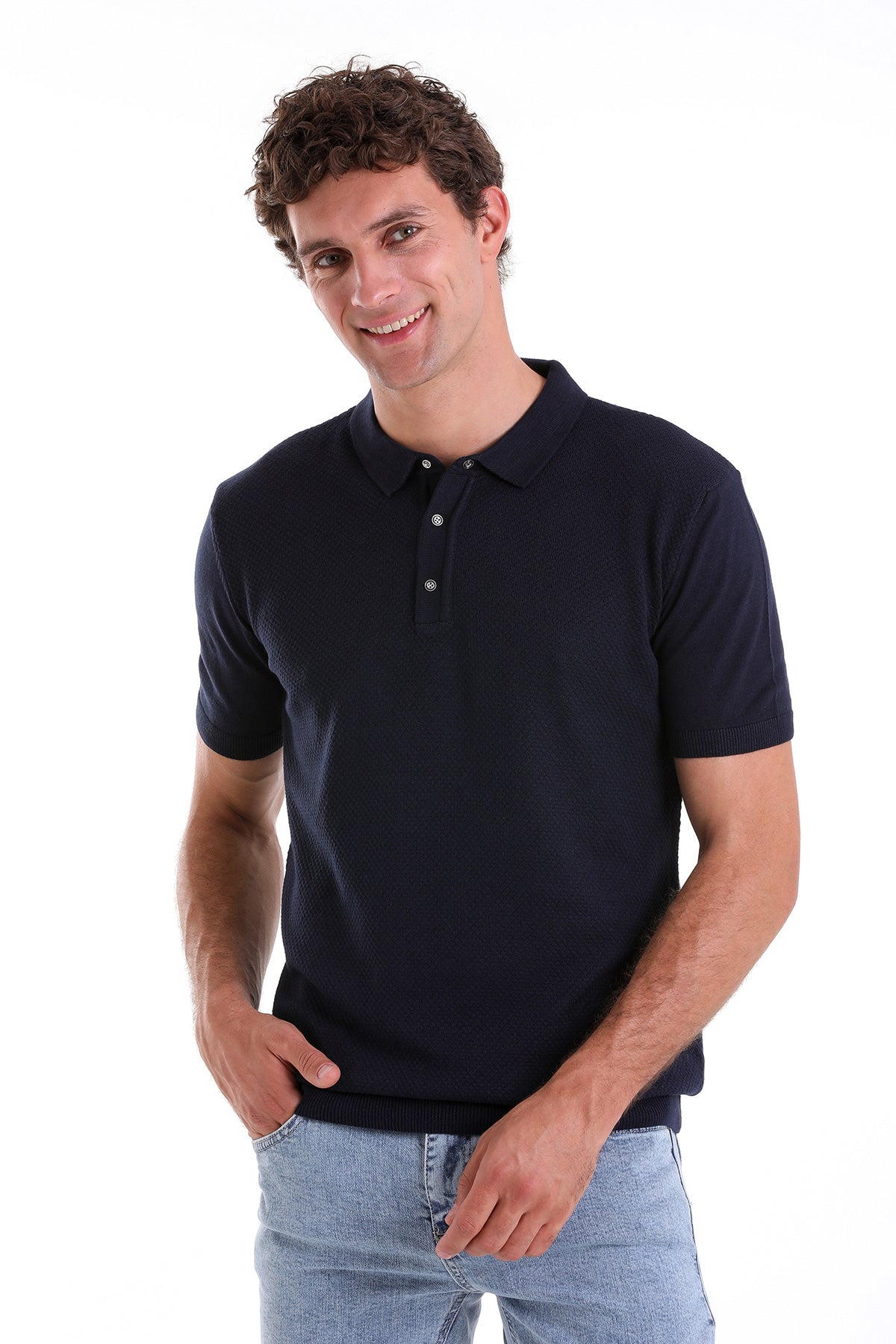 Regular Fit Cotton Blend Navy Jacquard Polo T-Shirt - MIB