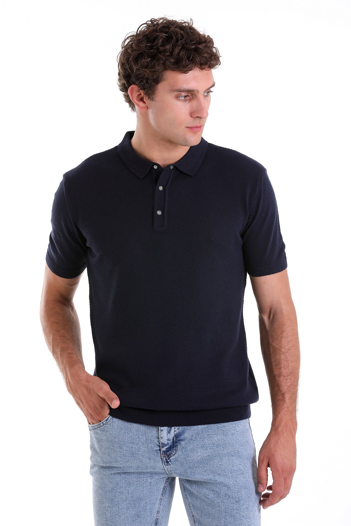 Regular Fit Cotton Blend Navy Jacquard Polo T-Shirt - MIB