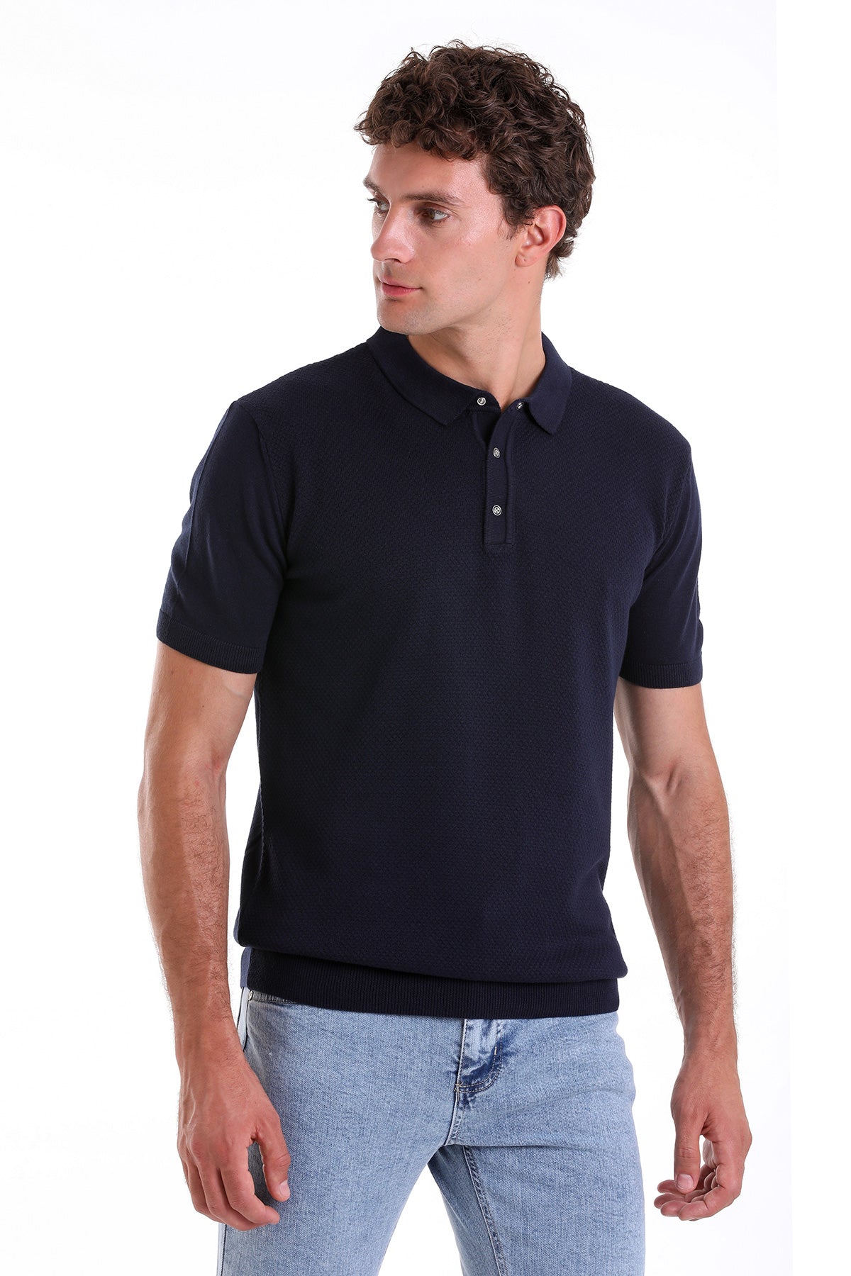 Regular Fit Cotton Blend Navy Jacquard Polo T-Shirt - MIB