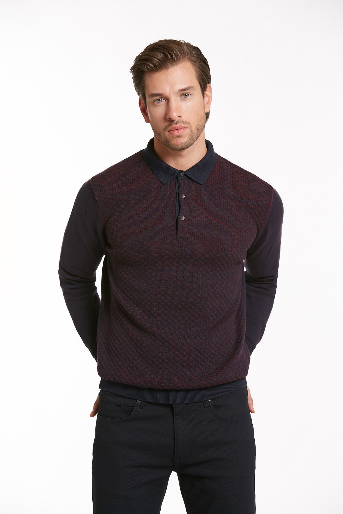 Regular Fit Cotton Blend Navy - Light Burgundy Polo Sweater