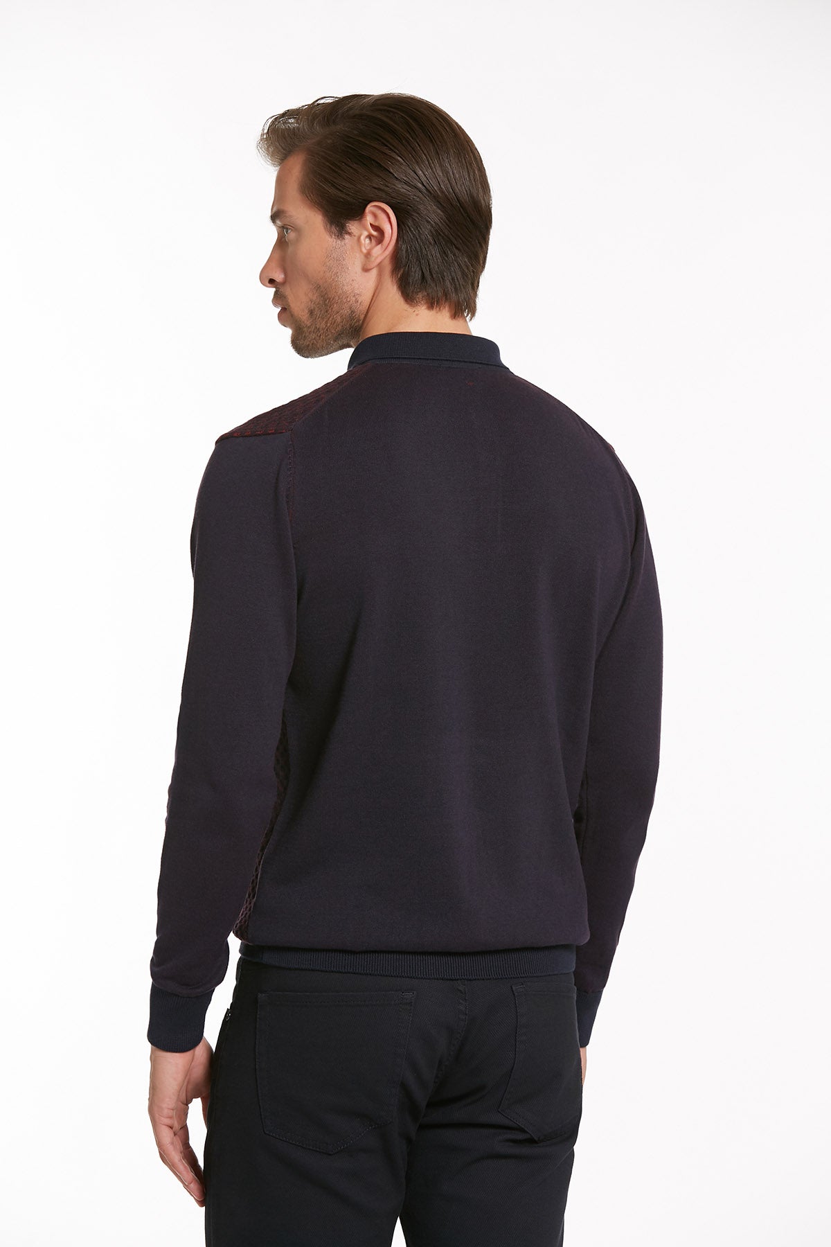 Regular Fit Cotton Blend Navy - Light Burgundy Polo Sweater