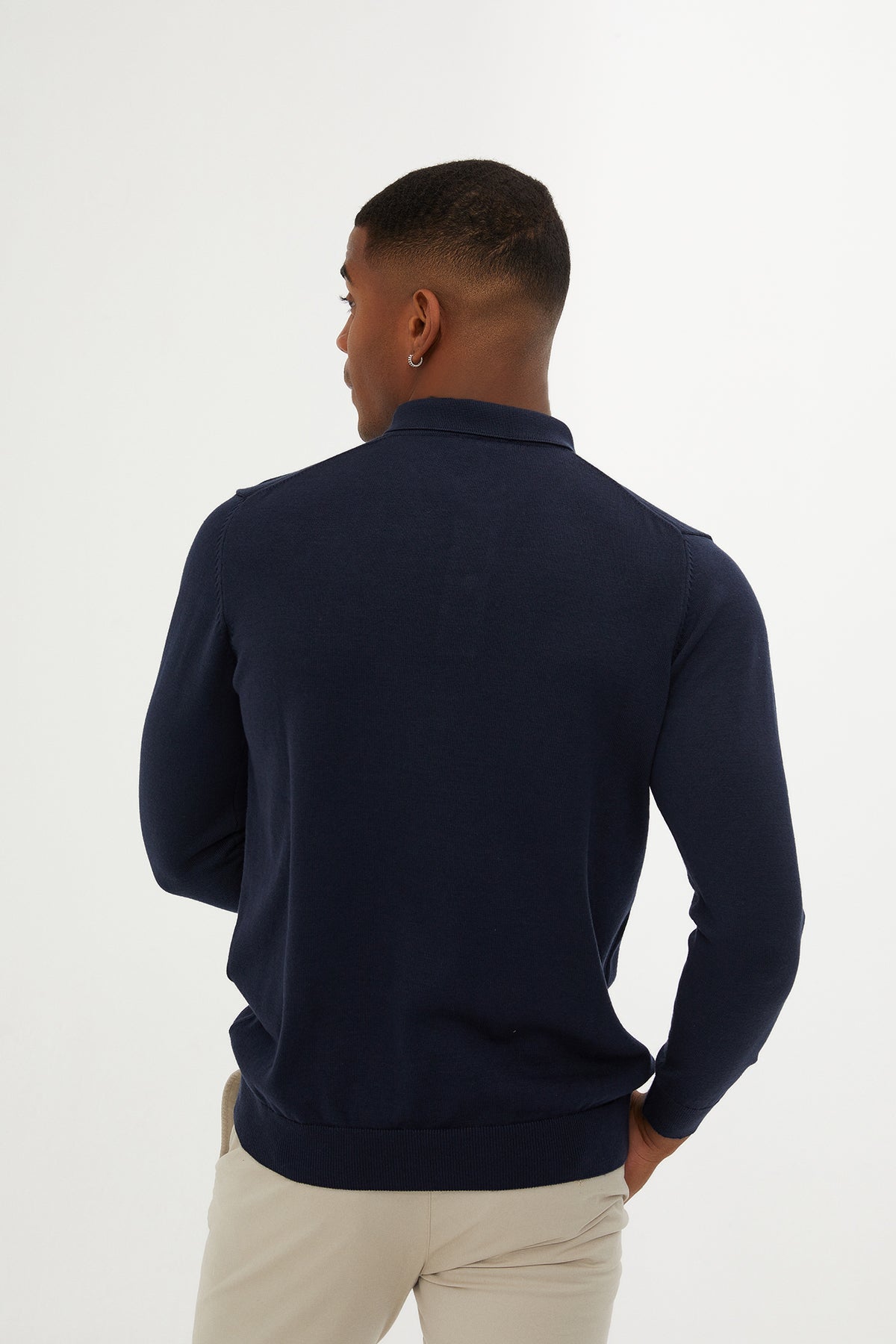 Regular Fit Cotton Blend Navy Polo Sweater - SAYKI