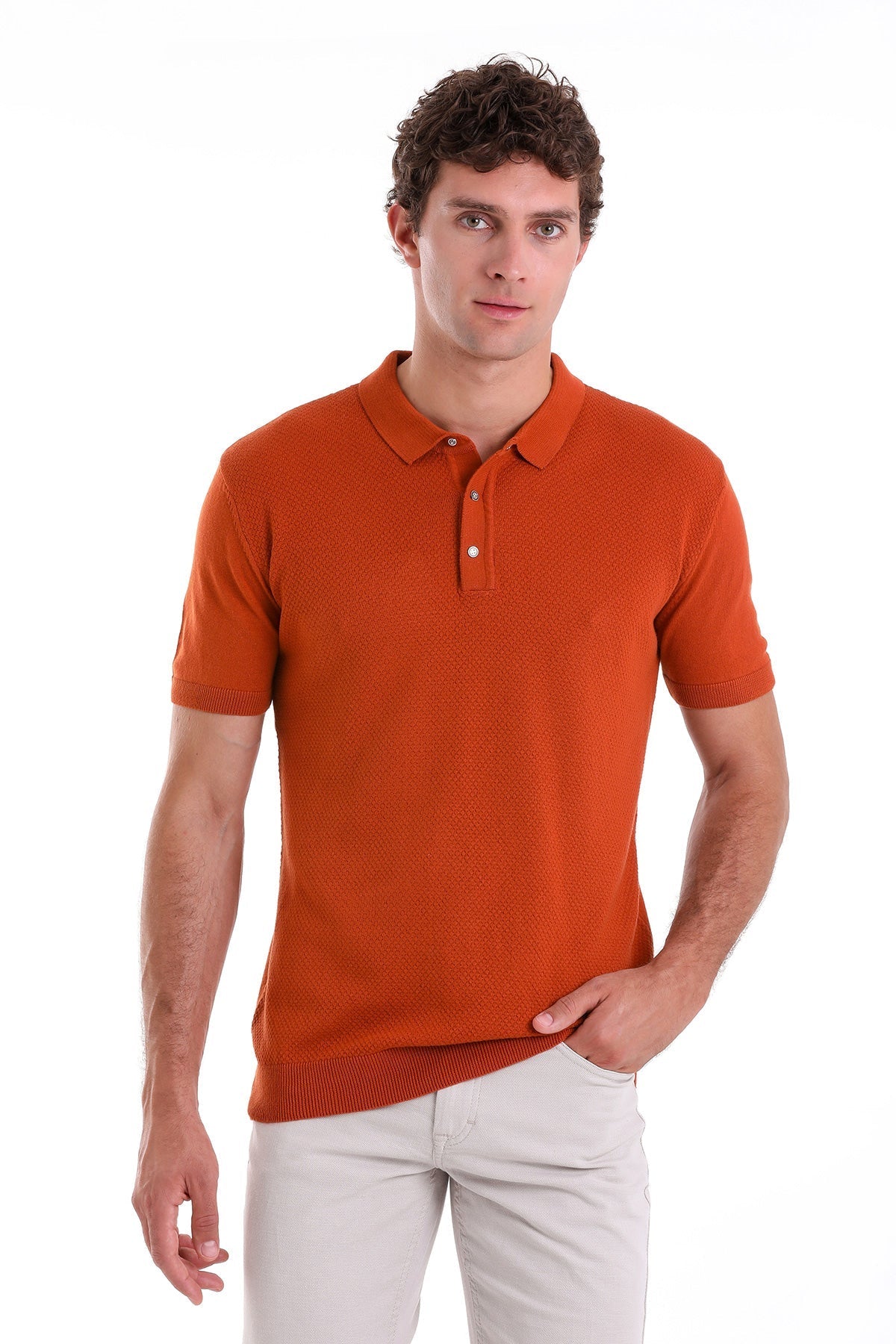 Regular Fit Cotton Blend Orange Jacquard Polo T-Shirt - MIB