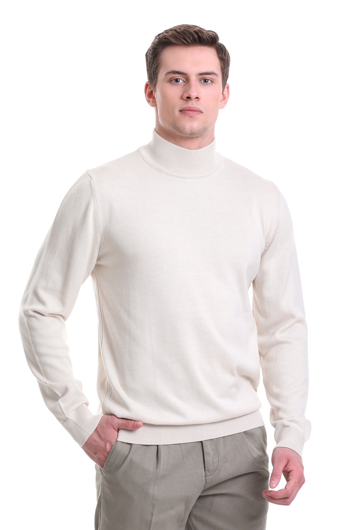 Regular Fit Cotton Blend Stone Mock Neck Sweater - SAYKI