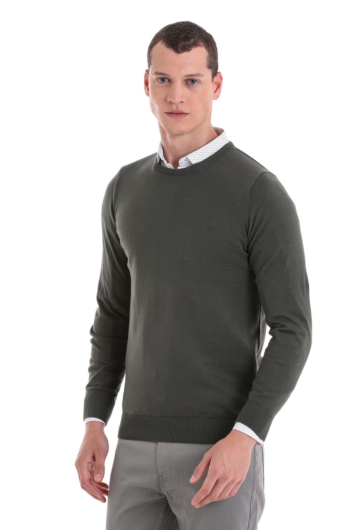 Regular Fit Cotton Khaki Crewneck Sweater - MIB