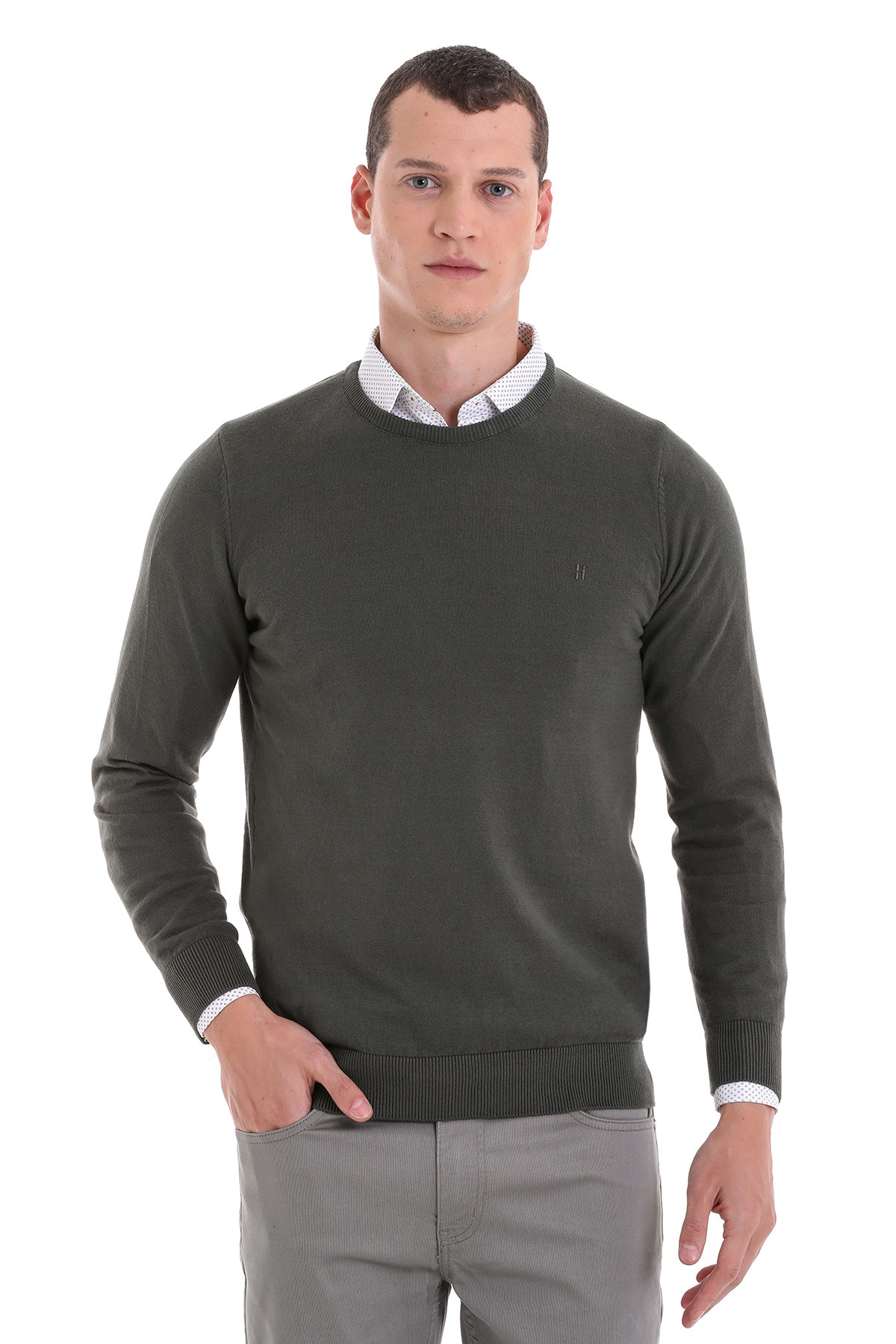 Regular Fit Cotton Khaki Crewneck Sweater - MIB