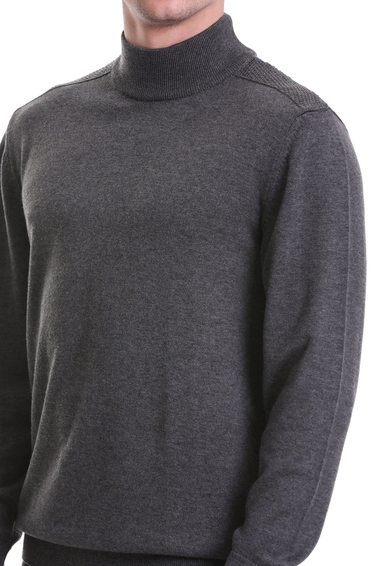 Regular Fit Dark Gray Cotton Blend Mock Neck Sweater - SAYKI