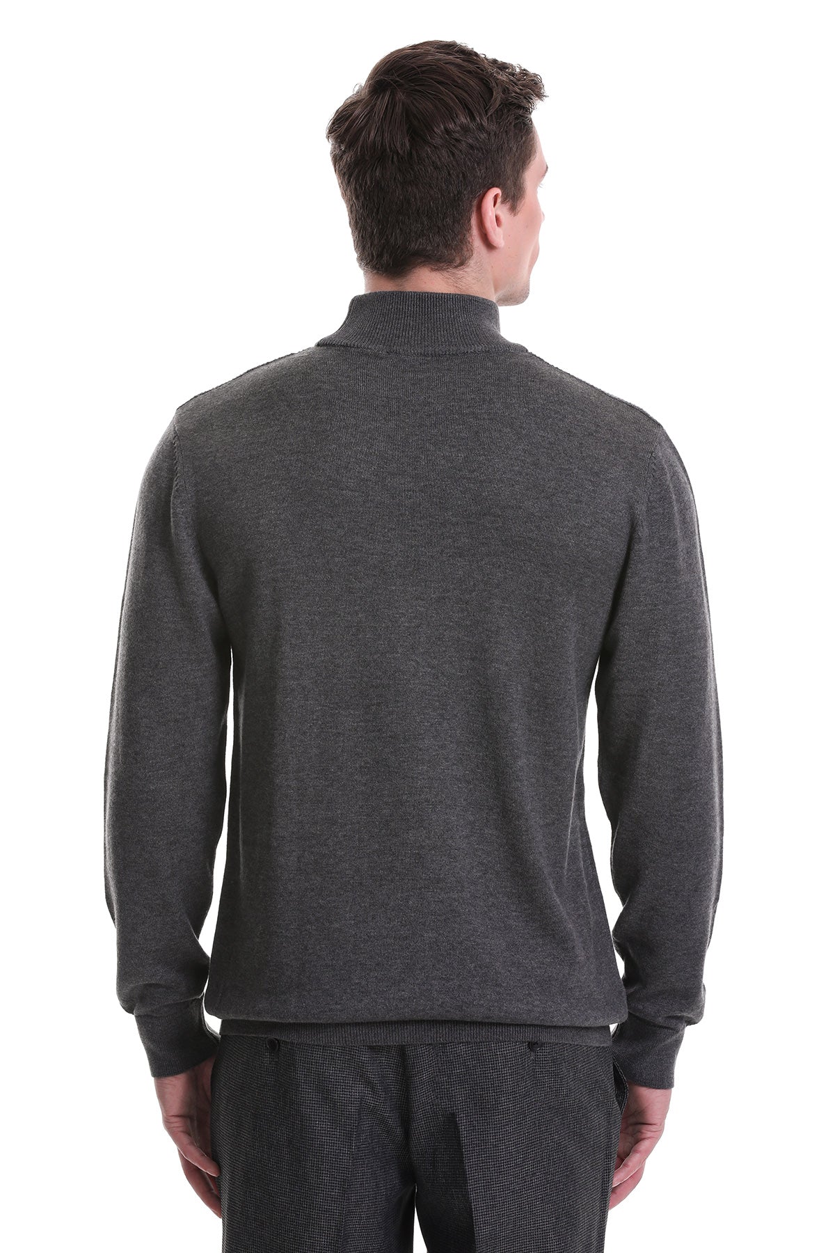 Regular Fit Dark Gray Cotton Blend Mock Neck Sweater - SAYKI