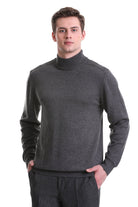 Regular Fit Dark Gray Cotton Blend Mock Neck Sweater - SAYKI