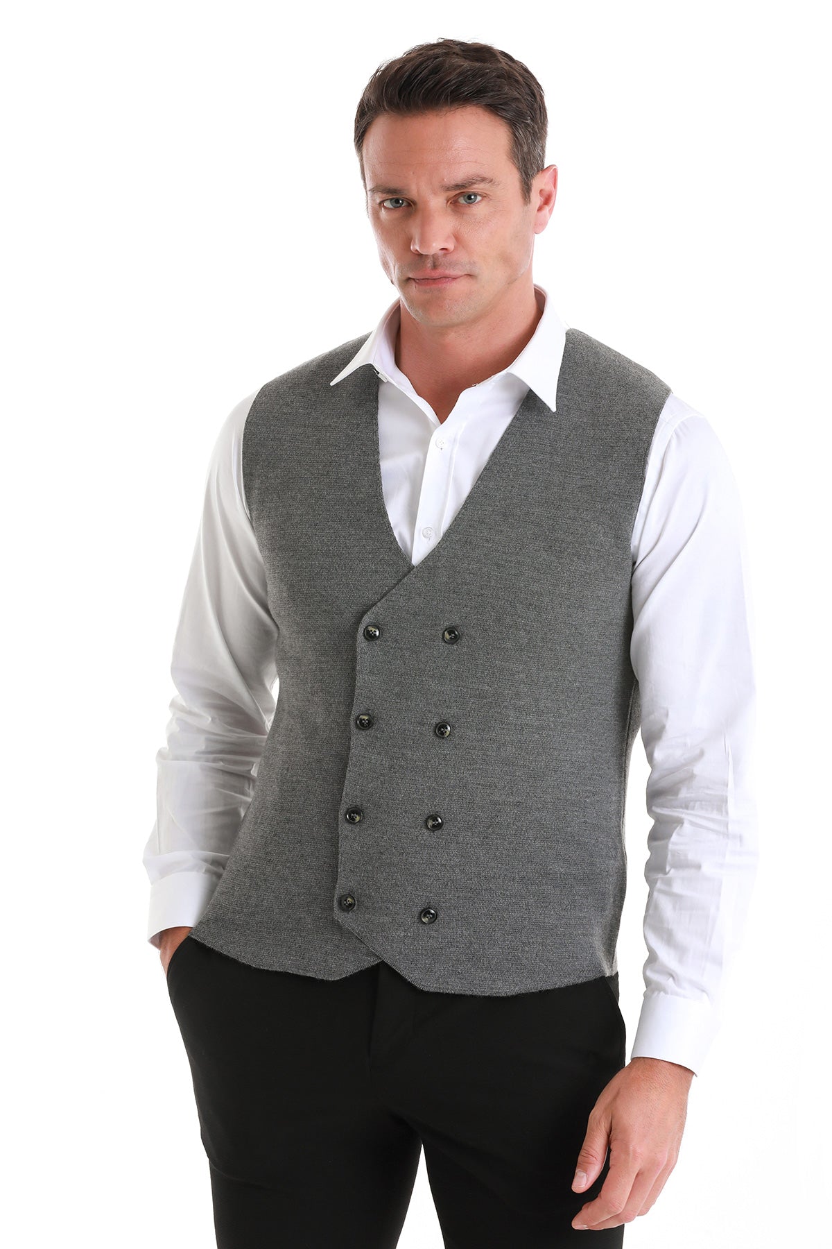 Regular Fit Dark Gray Wool Blend Knit Button Down Vest - MIB