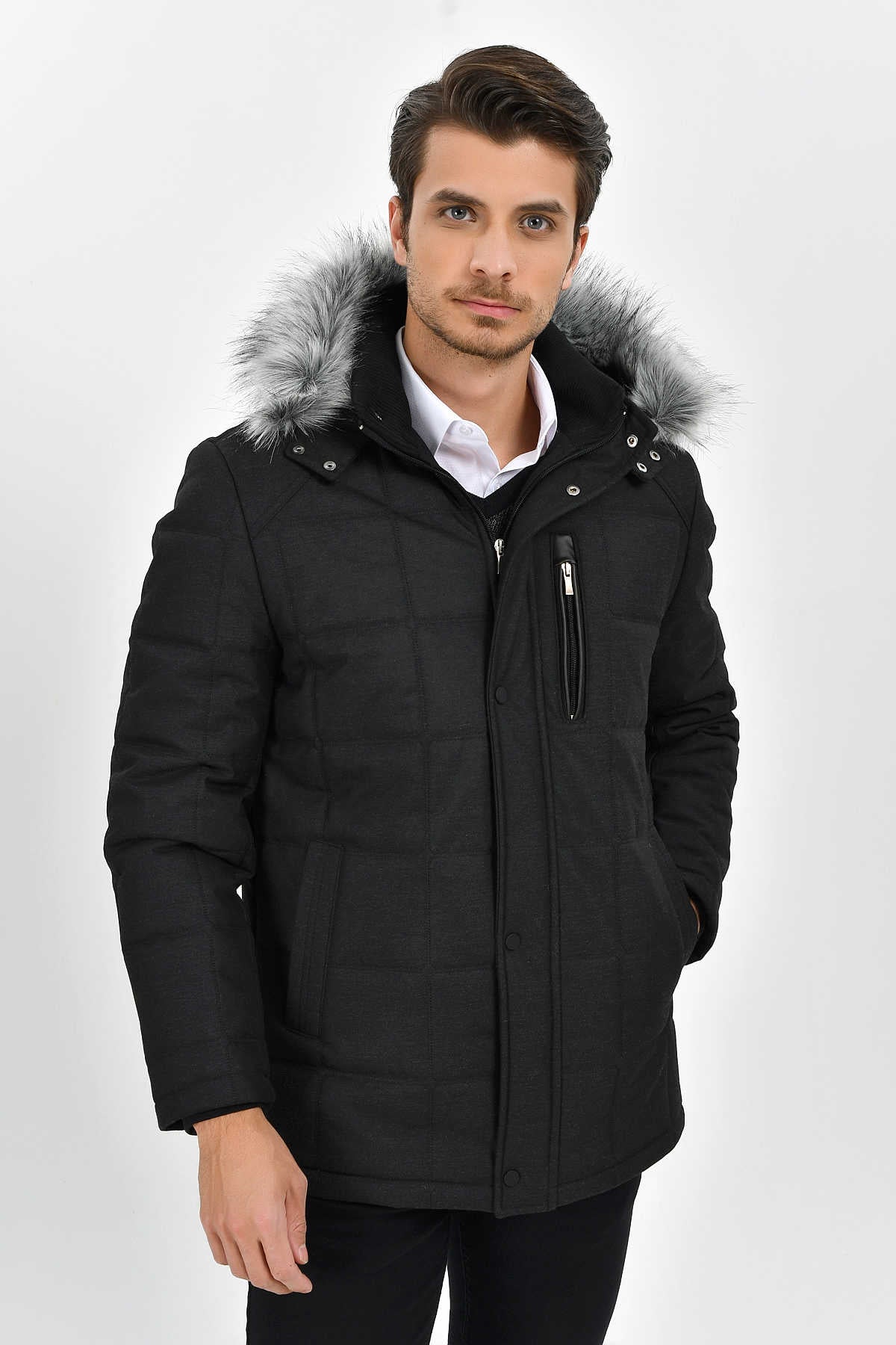 Regular Fit Faux Fur Hooded Black Coat - MIB