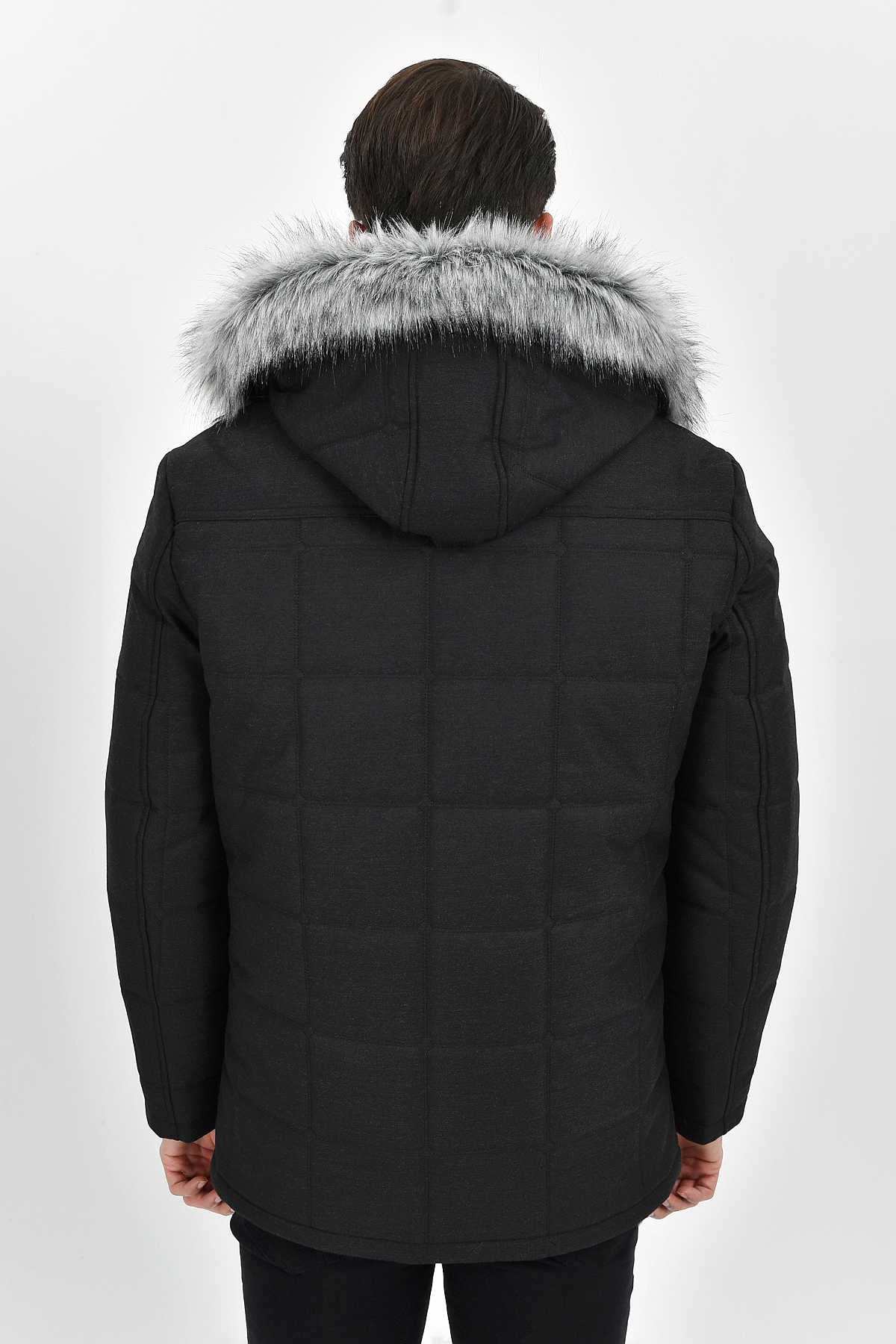 Regular Fit Faux Fur Hooded Black Coat - MIB