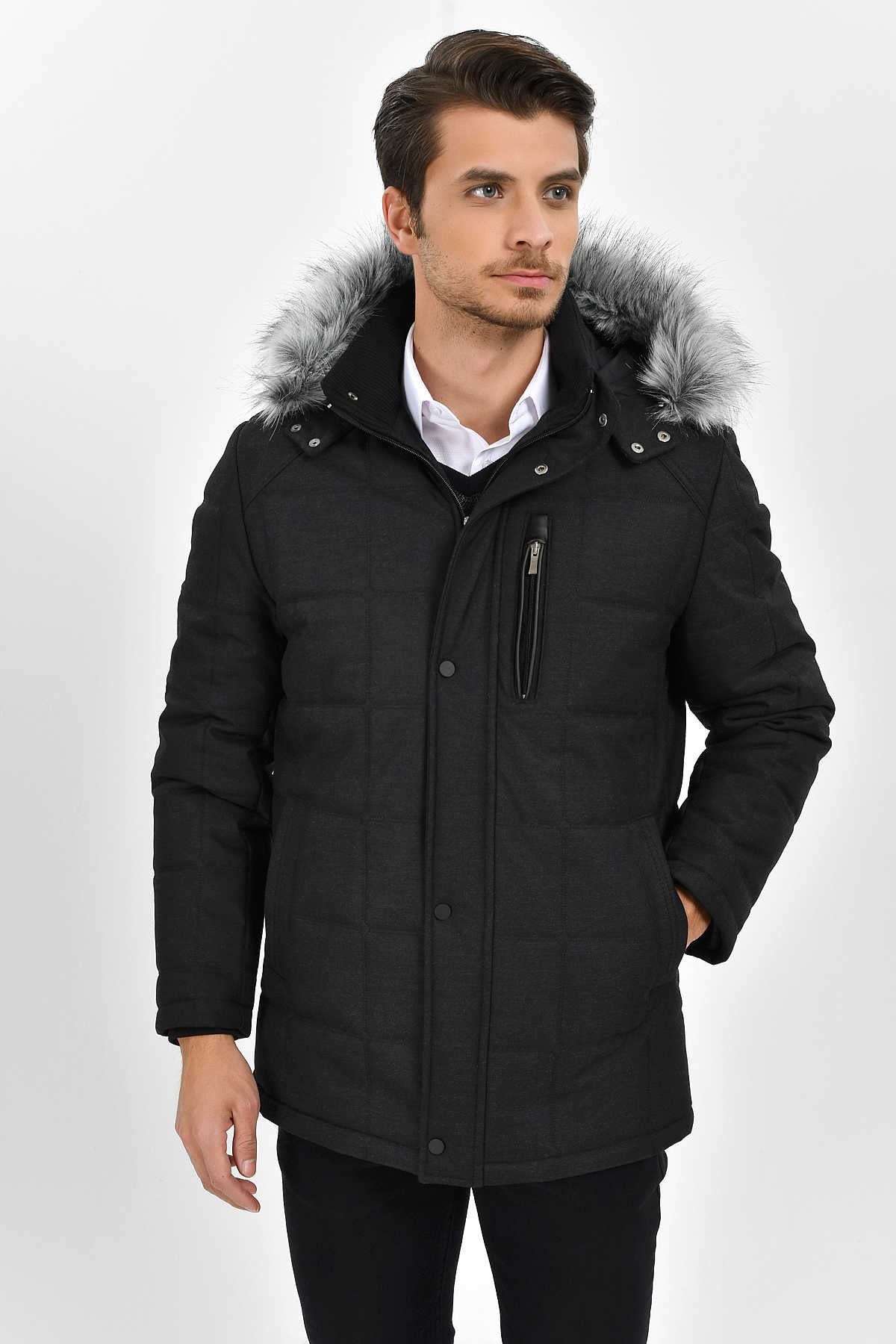 Regular Fit Faux Fur Hooded Black Coat - MIB