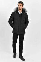 Regular Fit Faux Fur Hooded Black Coat - MIB