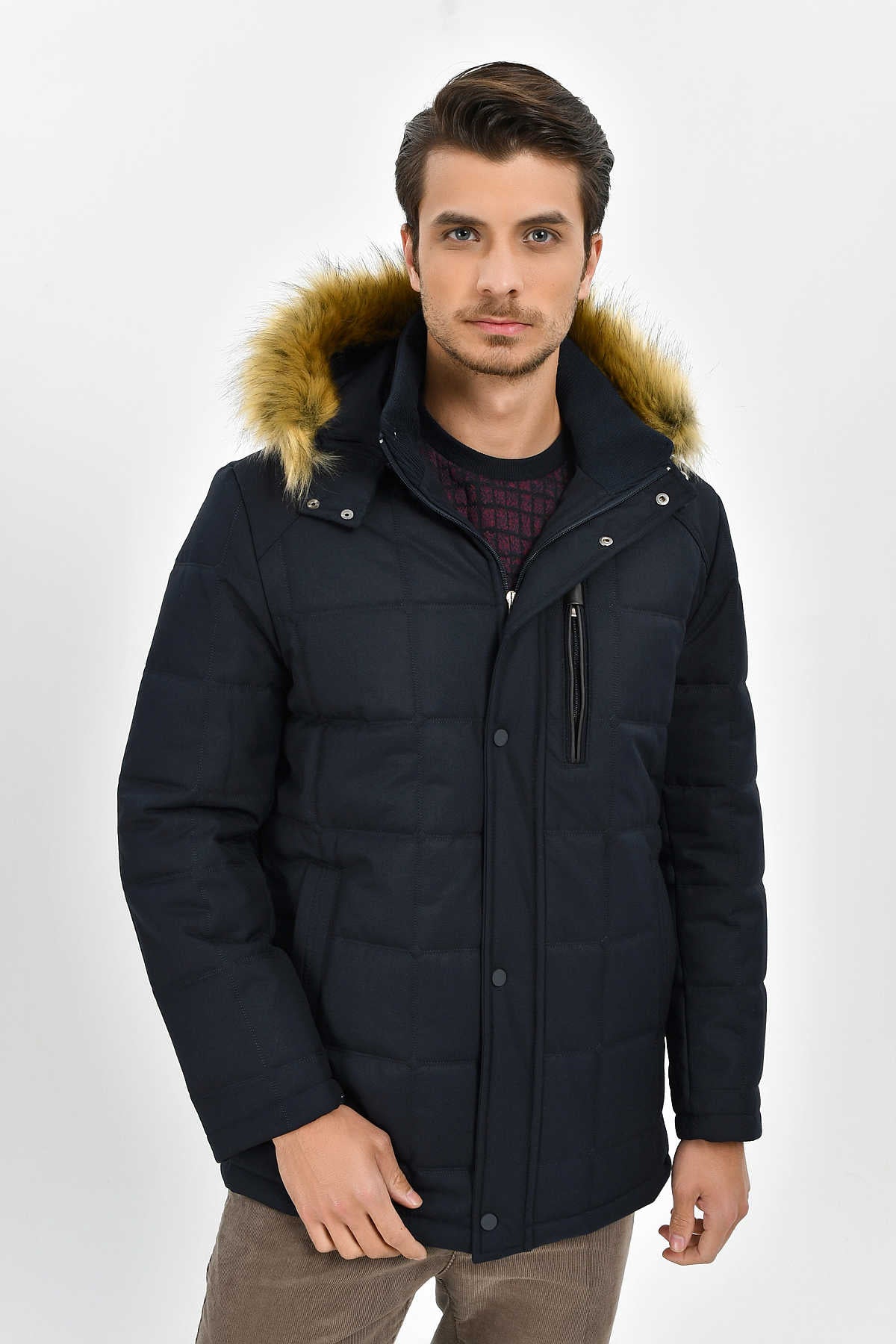 Regular Fit Faux Fur Hooded Navy Coat - MIB