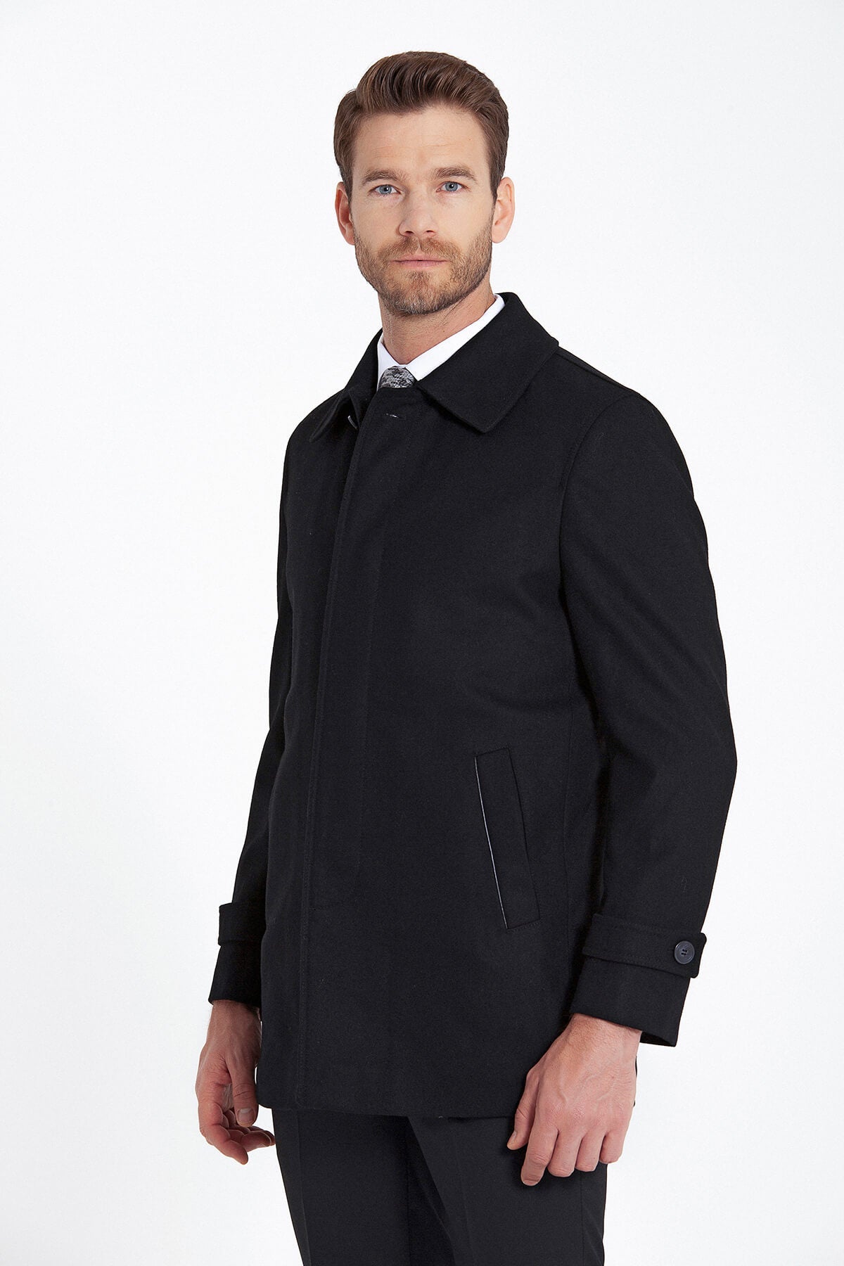 Regular Fit Flat Collar Wool Blend Black Coat - MIB