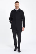 Regular Fit Flat Collar Wool Blend Black Coat - MIB