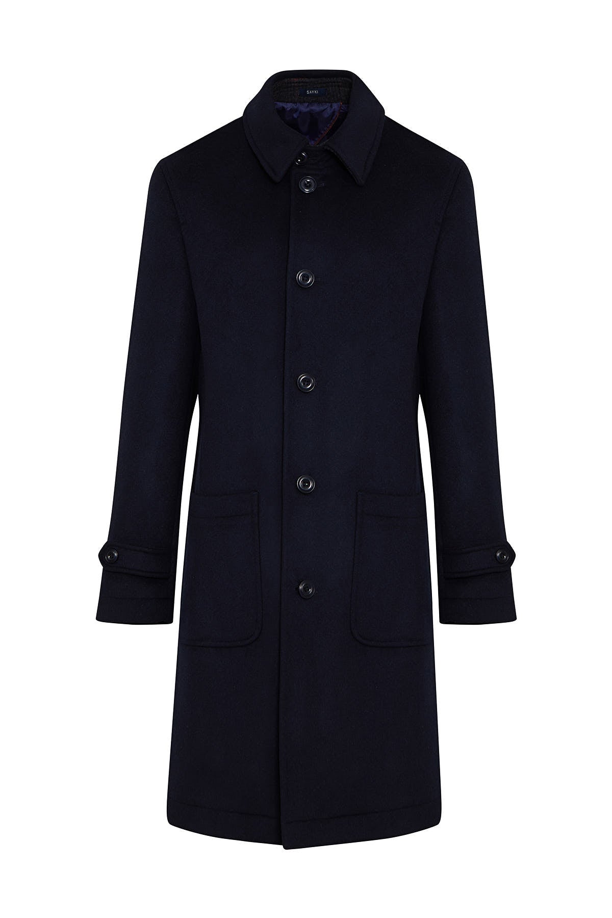 Regular Fit Flat Collar Wool Blend Navy Overcoat - MIB