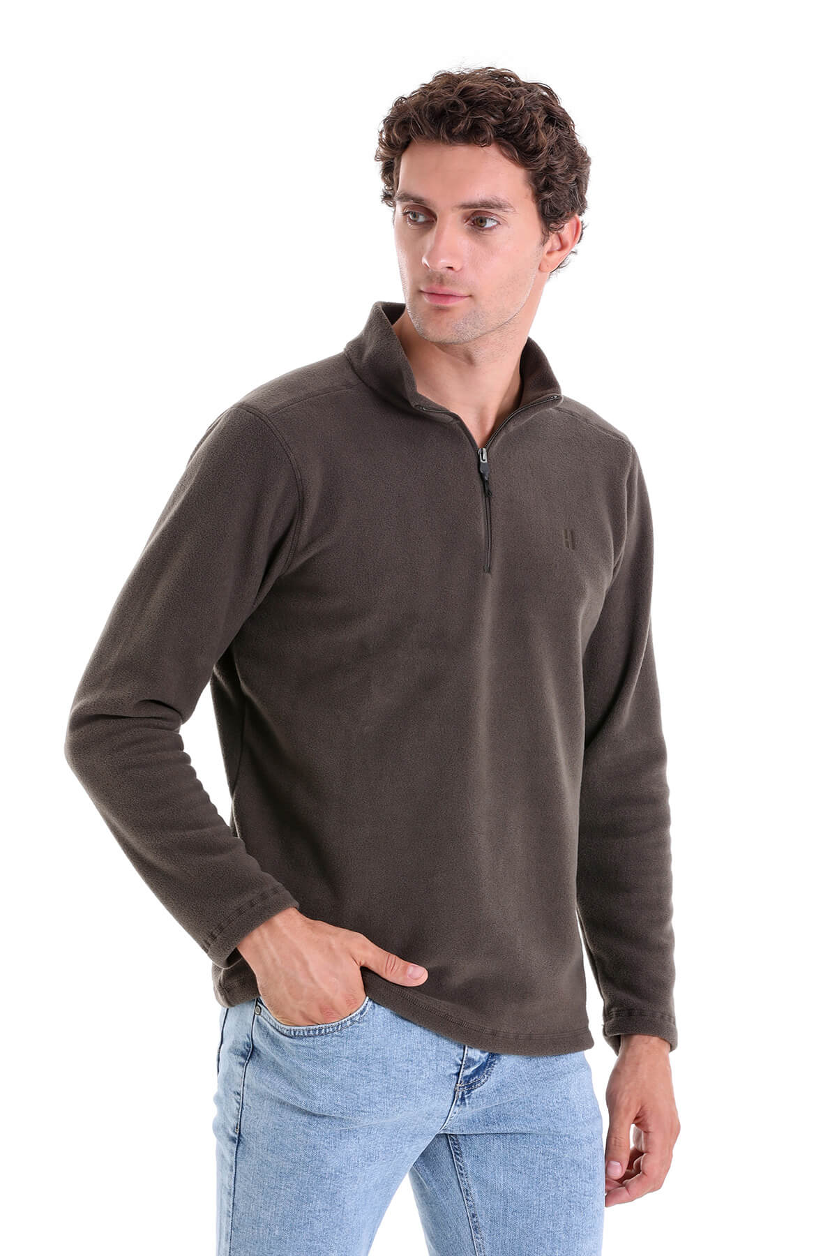 Regular Fit Fleece Khaki Mock Neck Sweatshirt - MIB