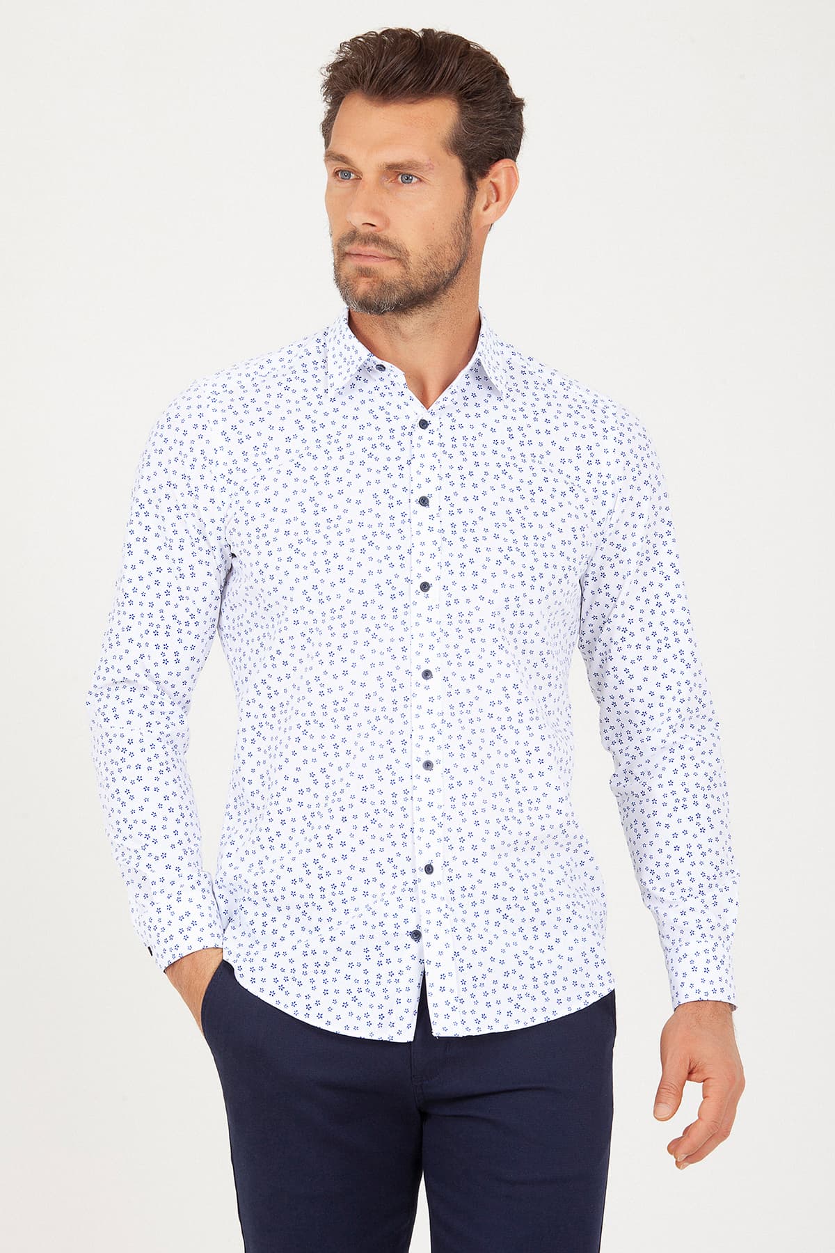 Regular Fit Floral Printed Cotton Blend Navy Casual Shirt