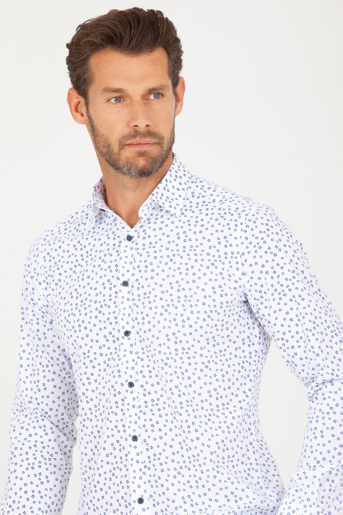 Regular Fit Floral Printed Cotton Blend Navy Casual Shirt