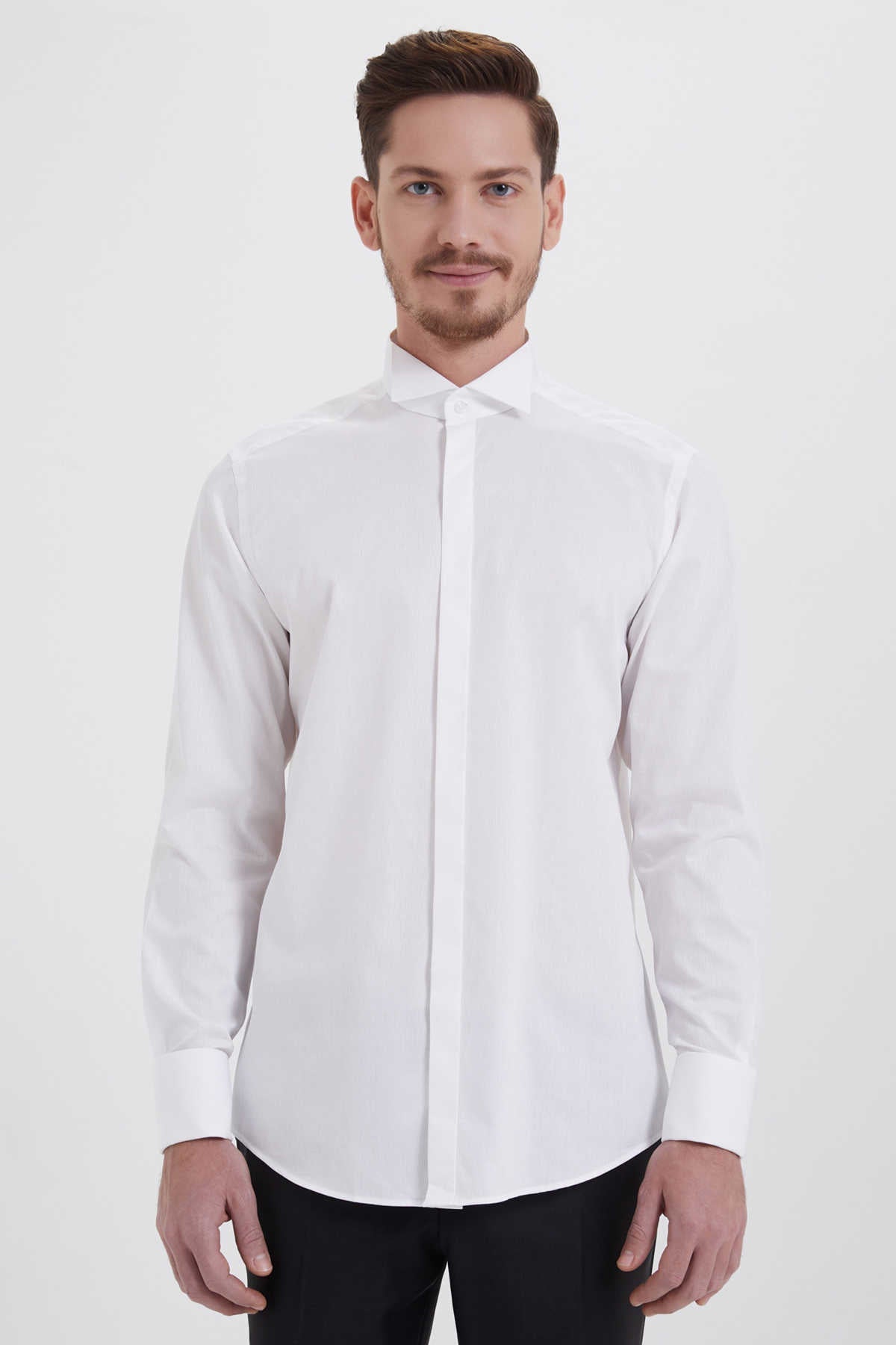 Regular Fit French Cuff Cotton White Tuxedo Shirt - MIB