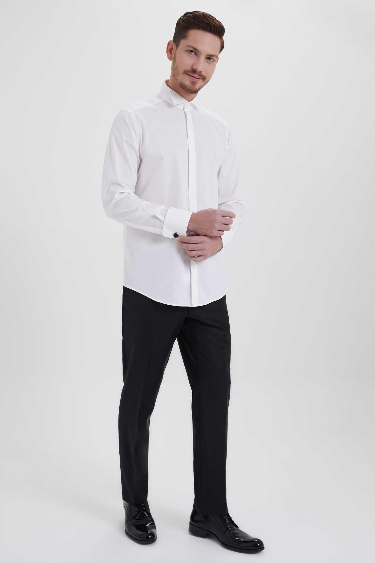 Regular Fit French Cuff Cotton White Tuxedo Shirt - MIB