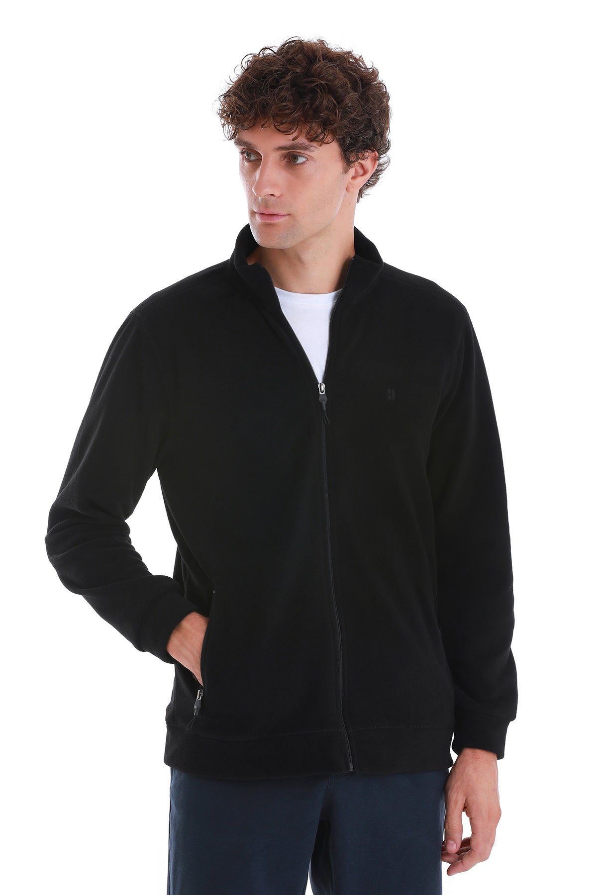 Regular Fit Full Zip Black Mockneck Fleece Sweatshirt - MIB