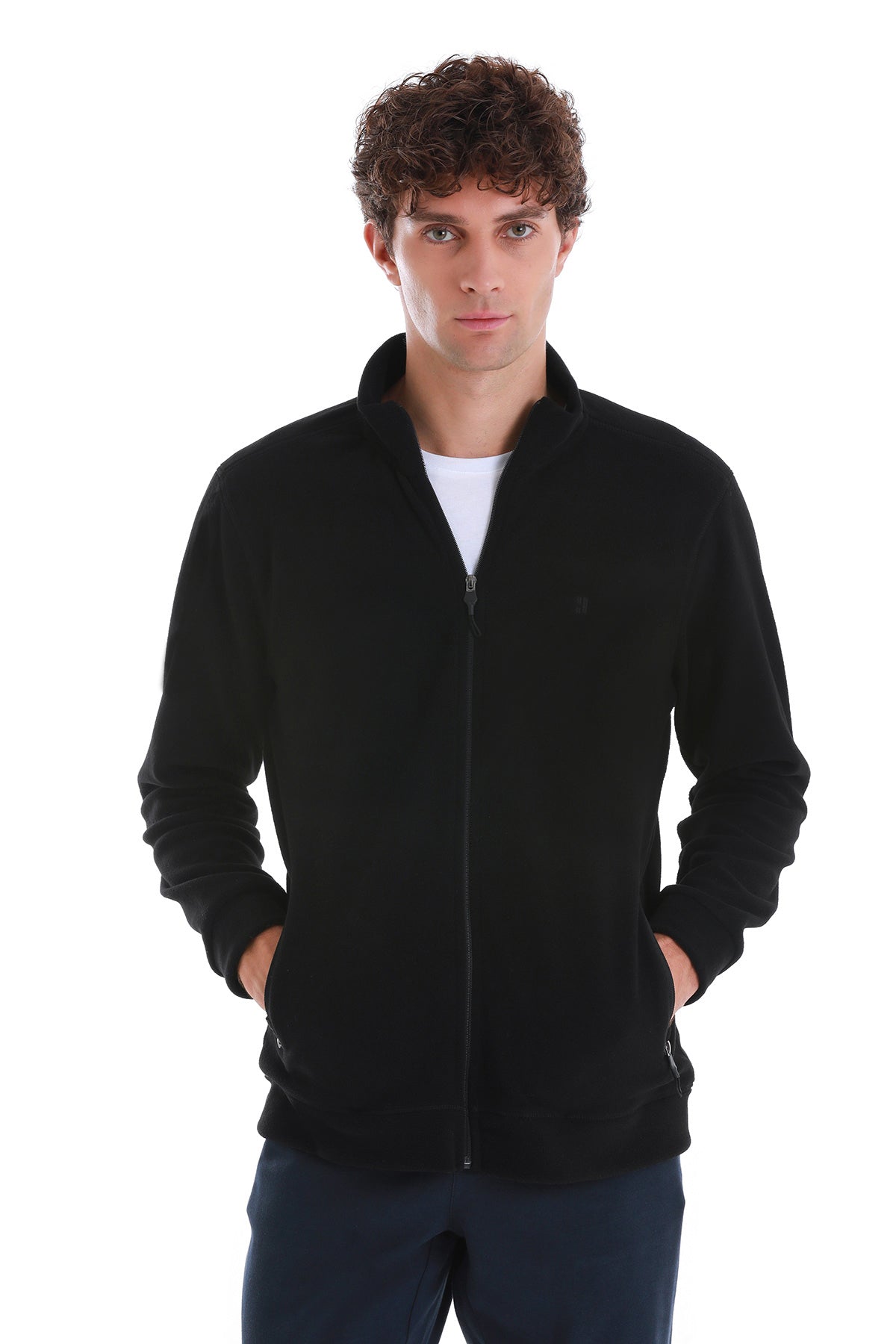 Regular Fit Full Zip Black Mockneck Fleece Sweatshirt - MIB