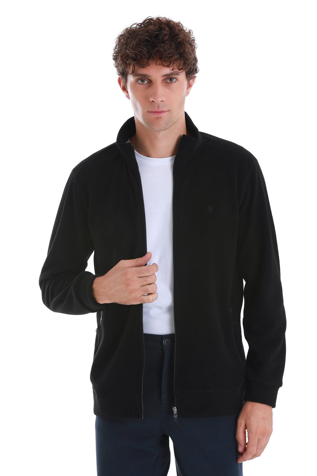 Regular Fit Full Zip Black Mockneck Fleece Sweatshirt - MIB