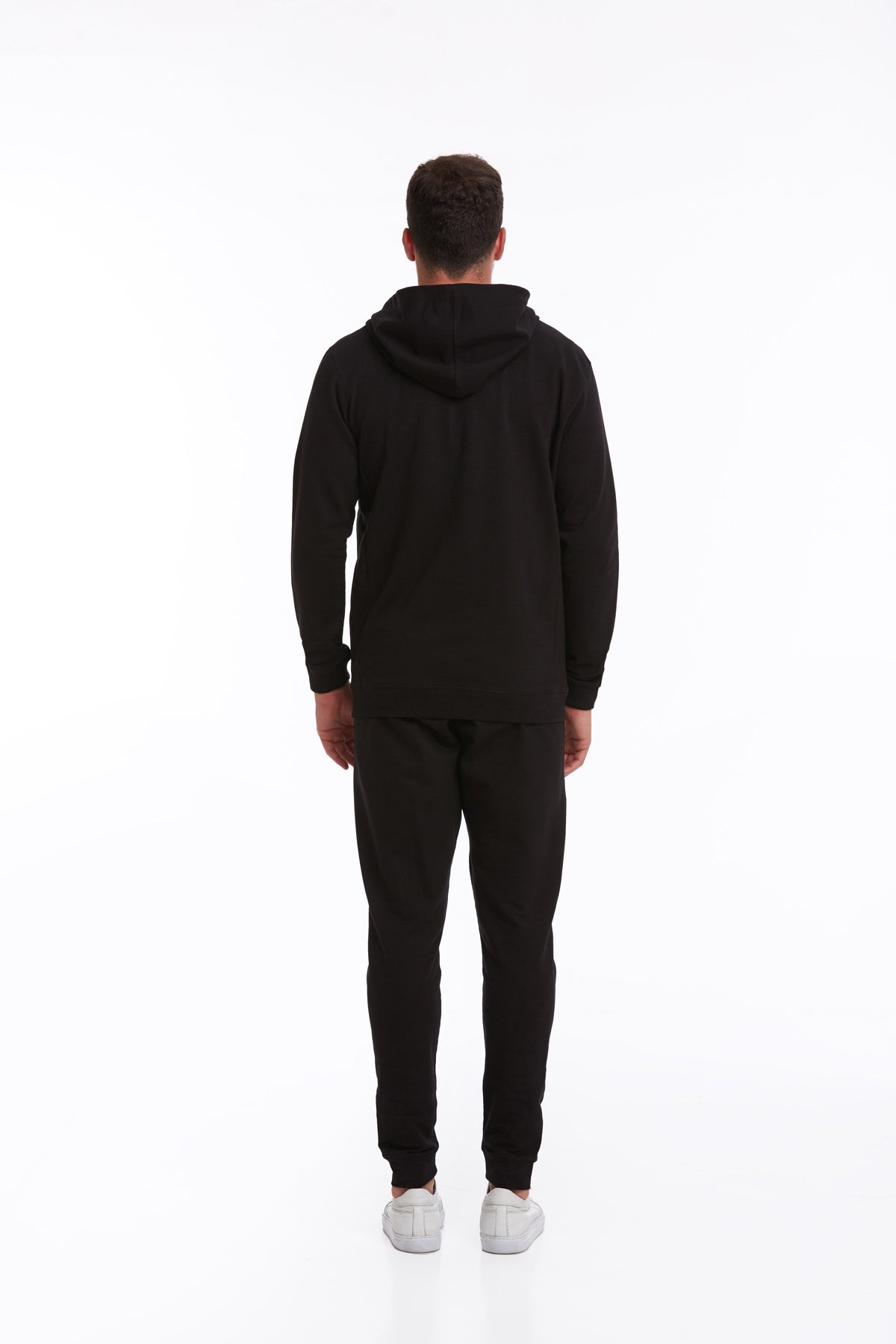 Regular Fit Full-Zip Cotton Blend Black Hooded Sweatshirt