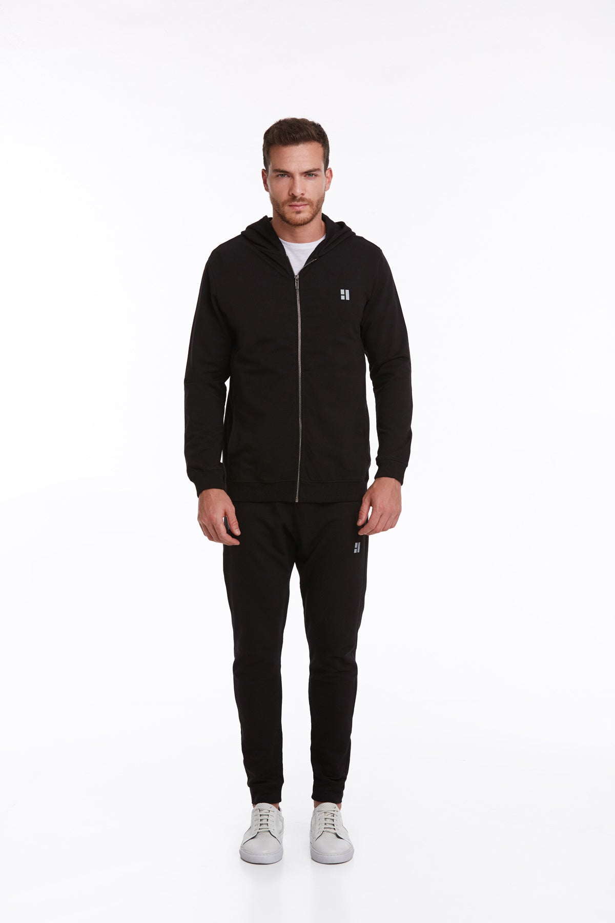 Regular Fit Full-Zip Cotton Blend Black Hooded Sweatshirt