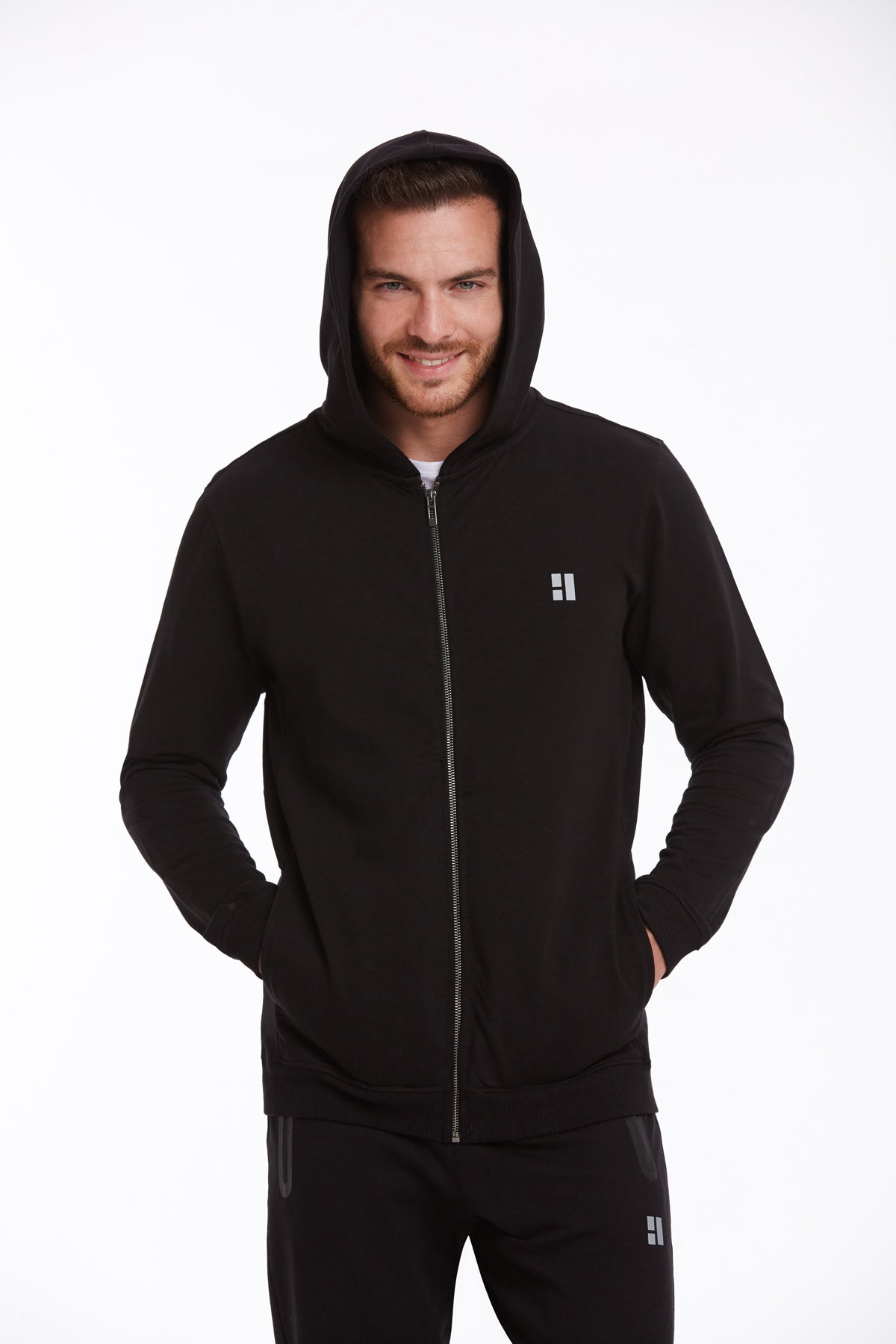 Regular Fit Full-Zip Cotton Blend Black Hooded Sweatshirt